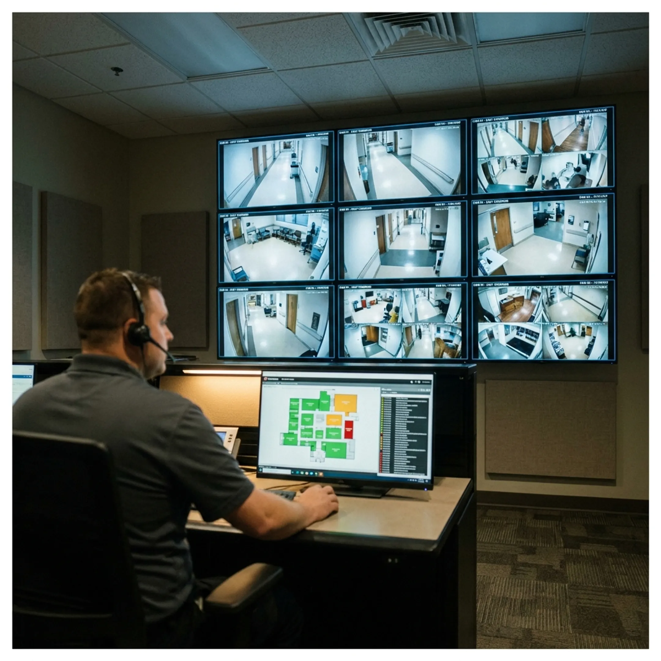 Integrated hospital video surveillance system displayed in a security operations room