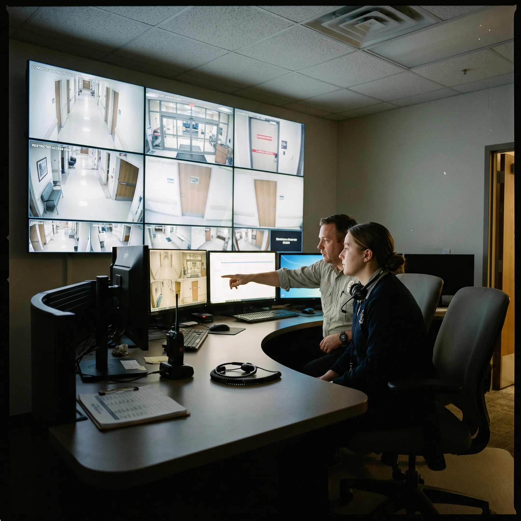 Hospital security camera system monitoring a healthcare facility corridor