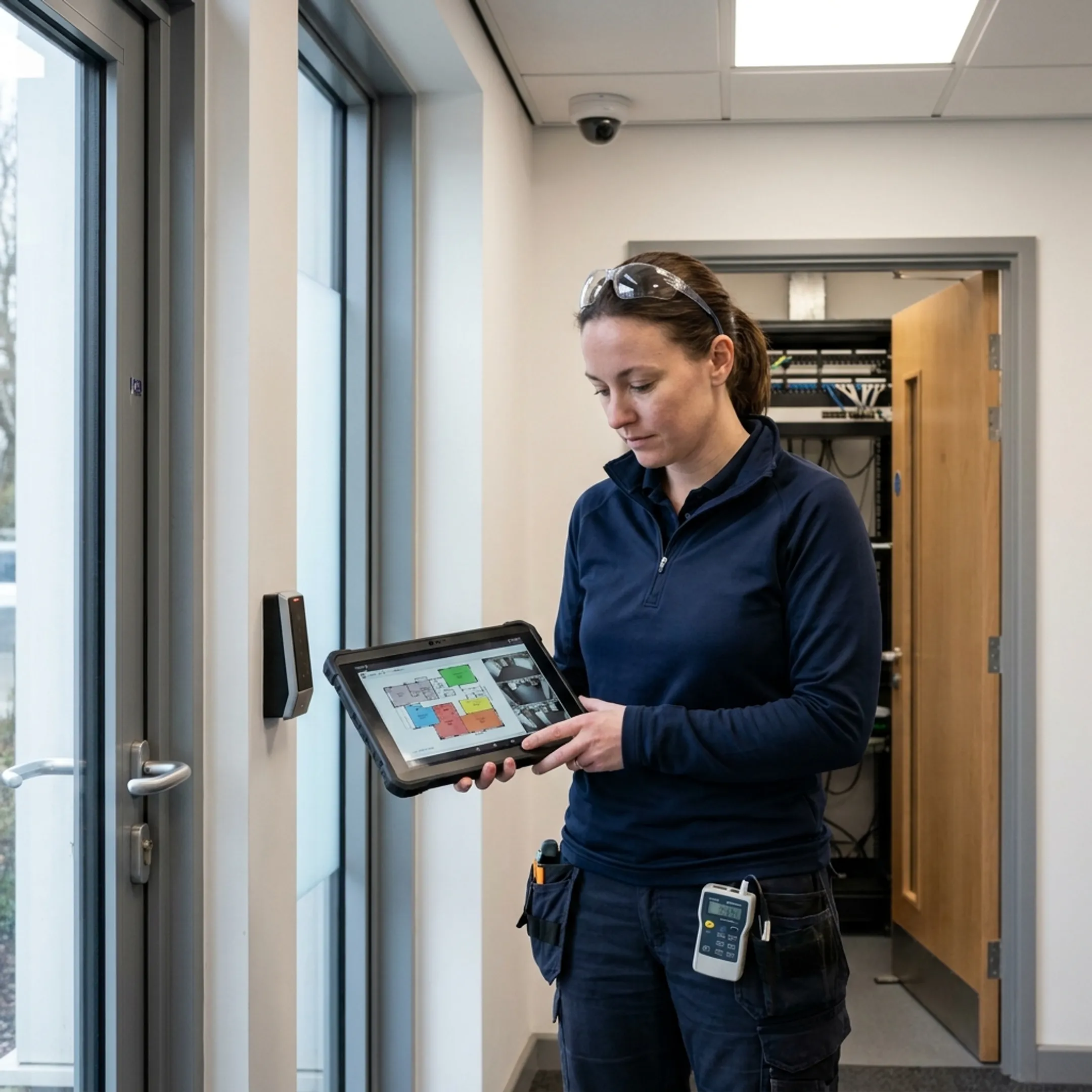 Security consultant evaluating facility access points and surveillance coverage