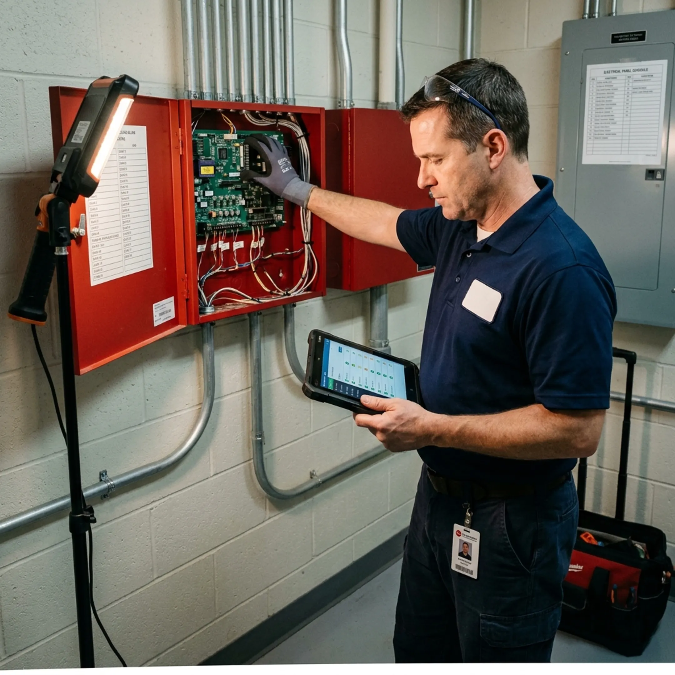 Commercial fire alarm control panel monitored by a security professional