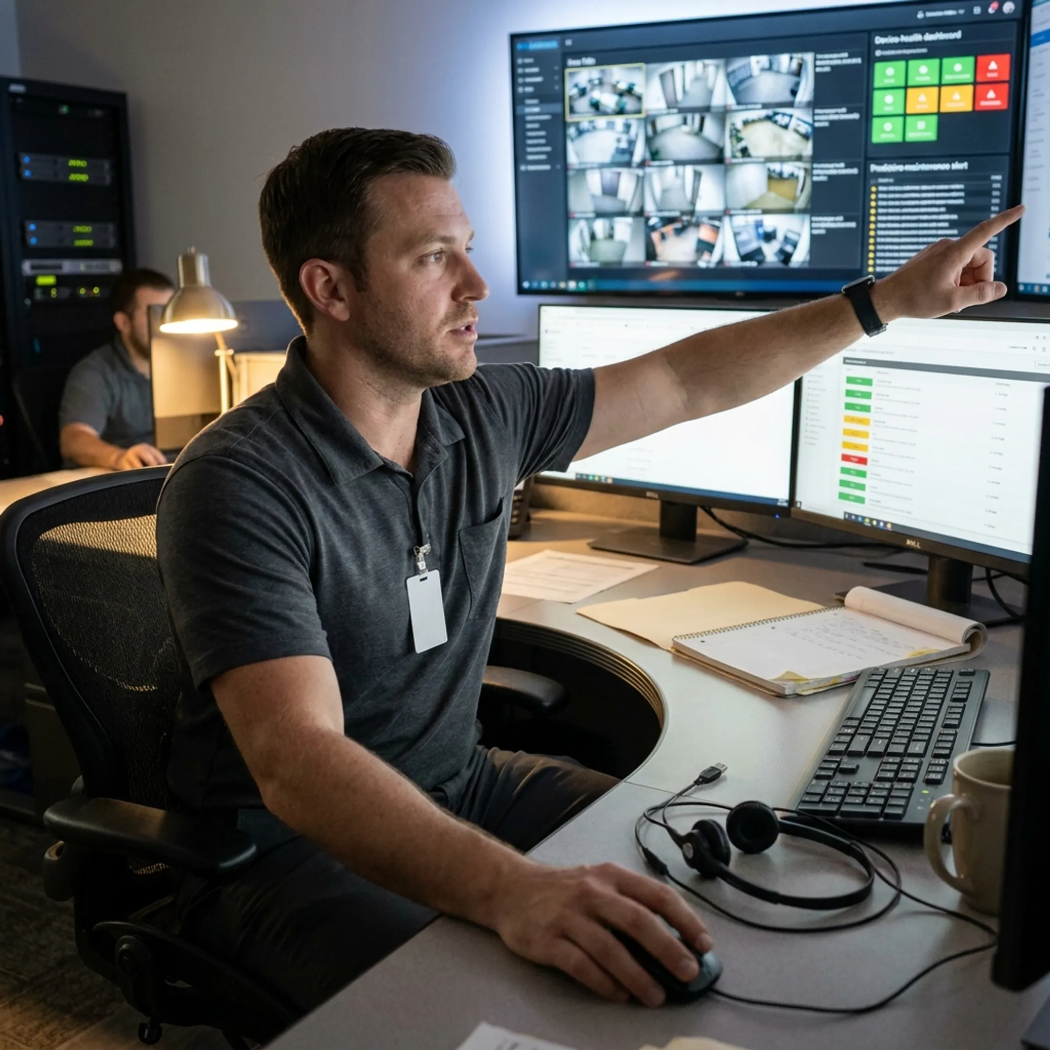 NOC analyst reviewing security device health and system alert dashboards
