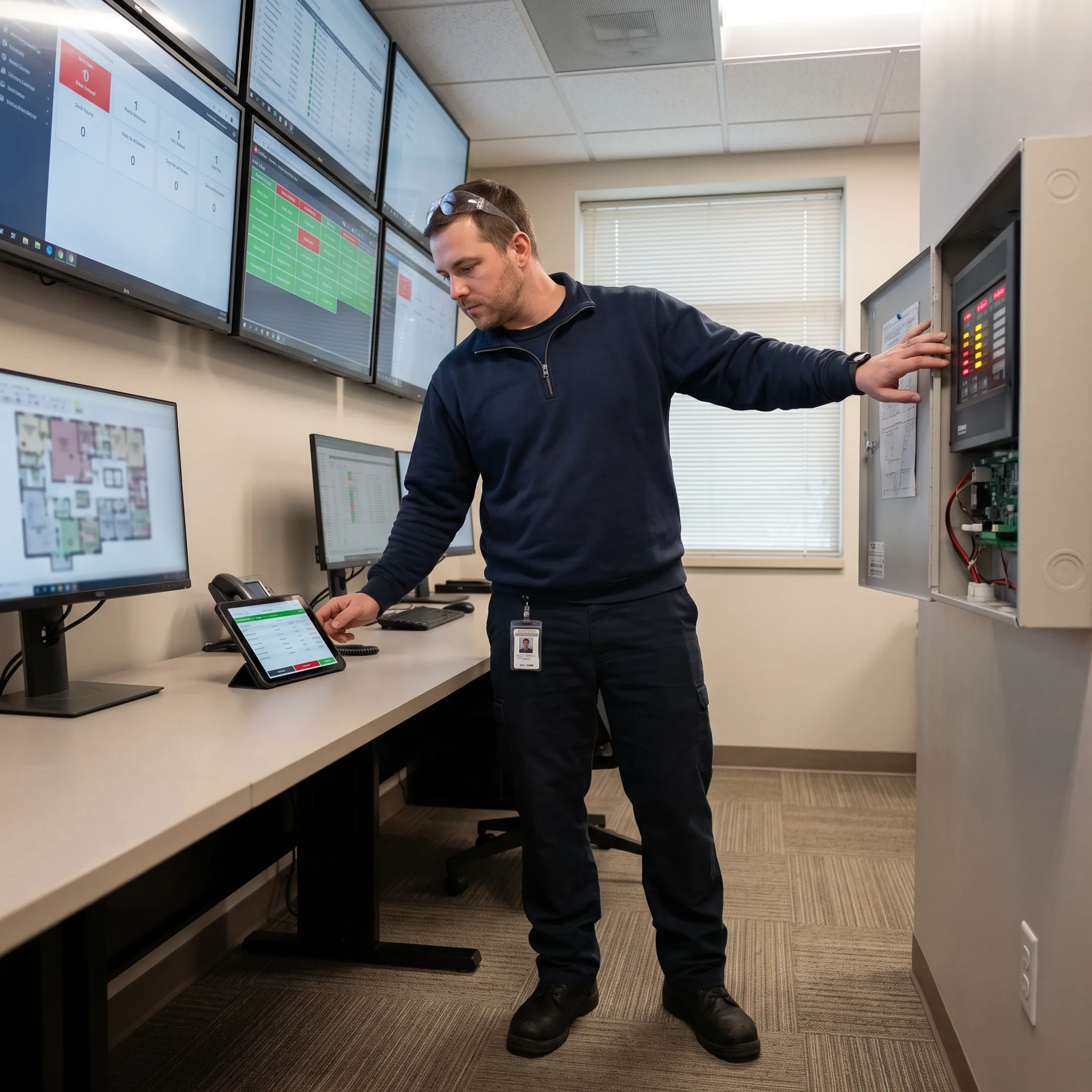 Technician monitoring a commercial fire alarm system in a secure facility