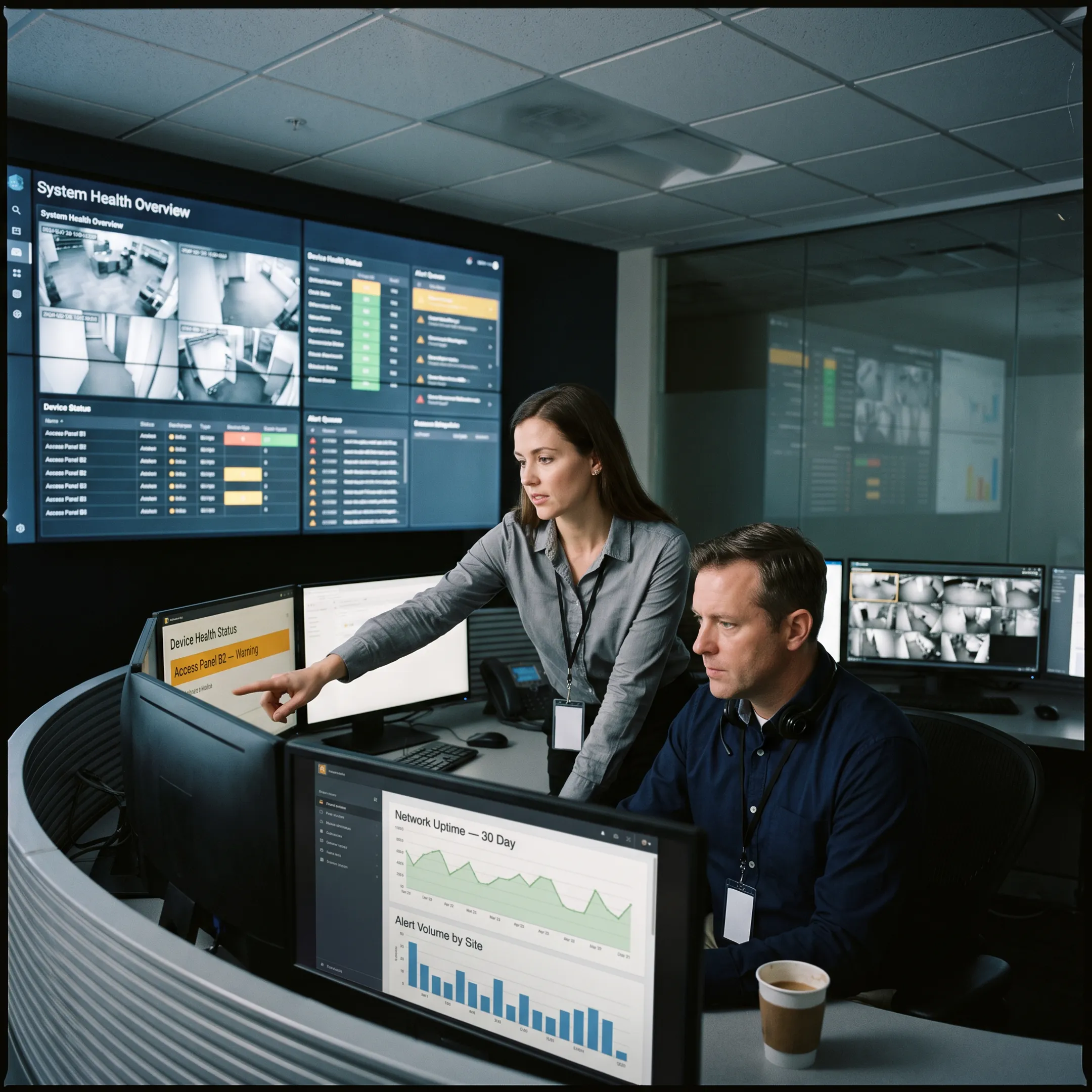 Security operations team monitoring connected cameras, access systems, and device health dashboards