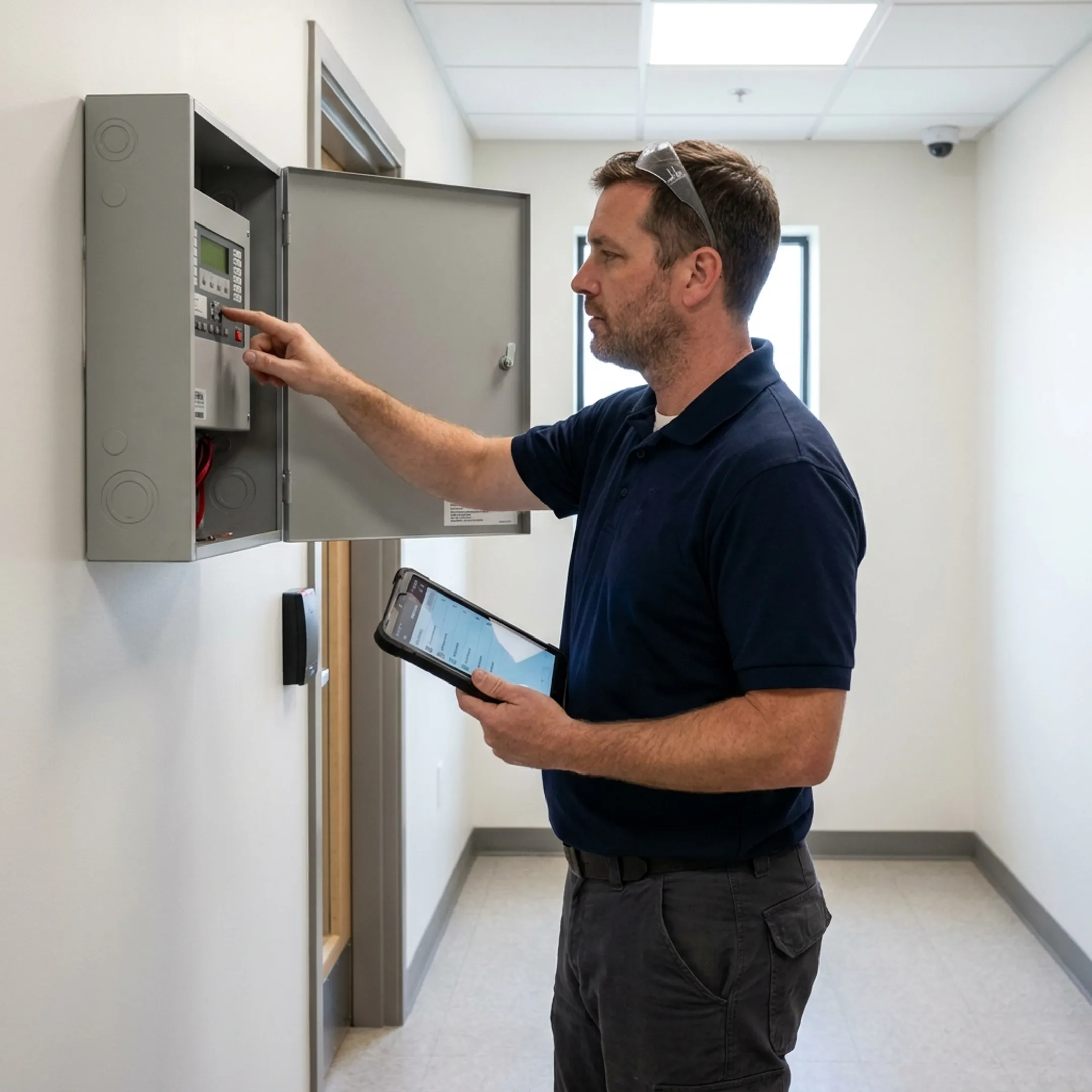 Security professional evaluating fire protection technology in a facility