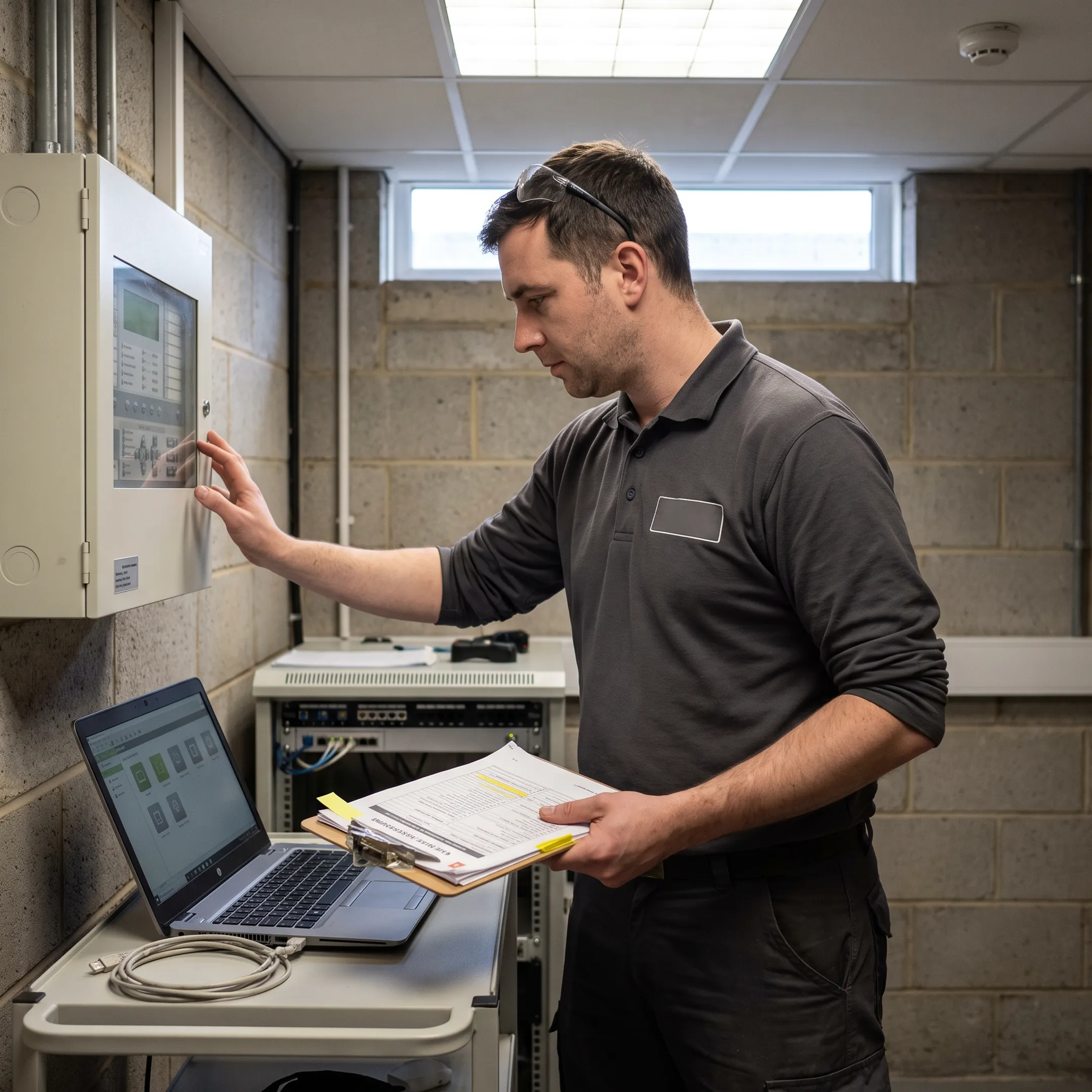 Technician reviewing fire and security system controls at a commercial facility