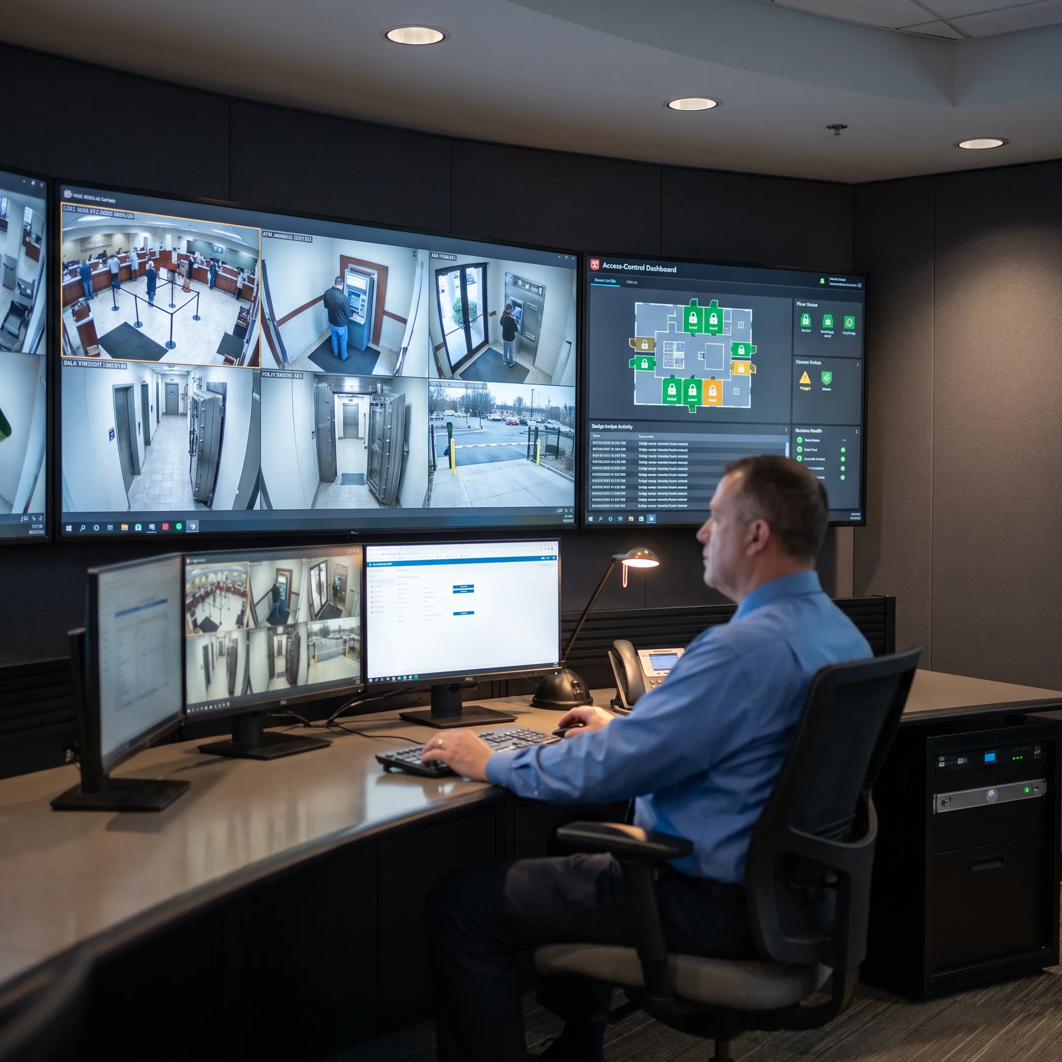 Bank security team monitoring cameras and controlled access points