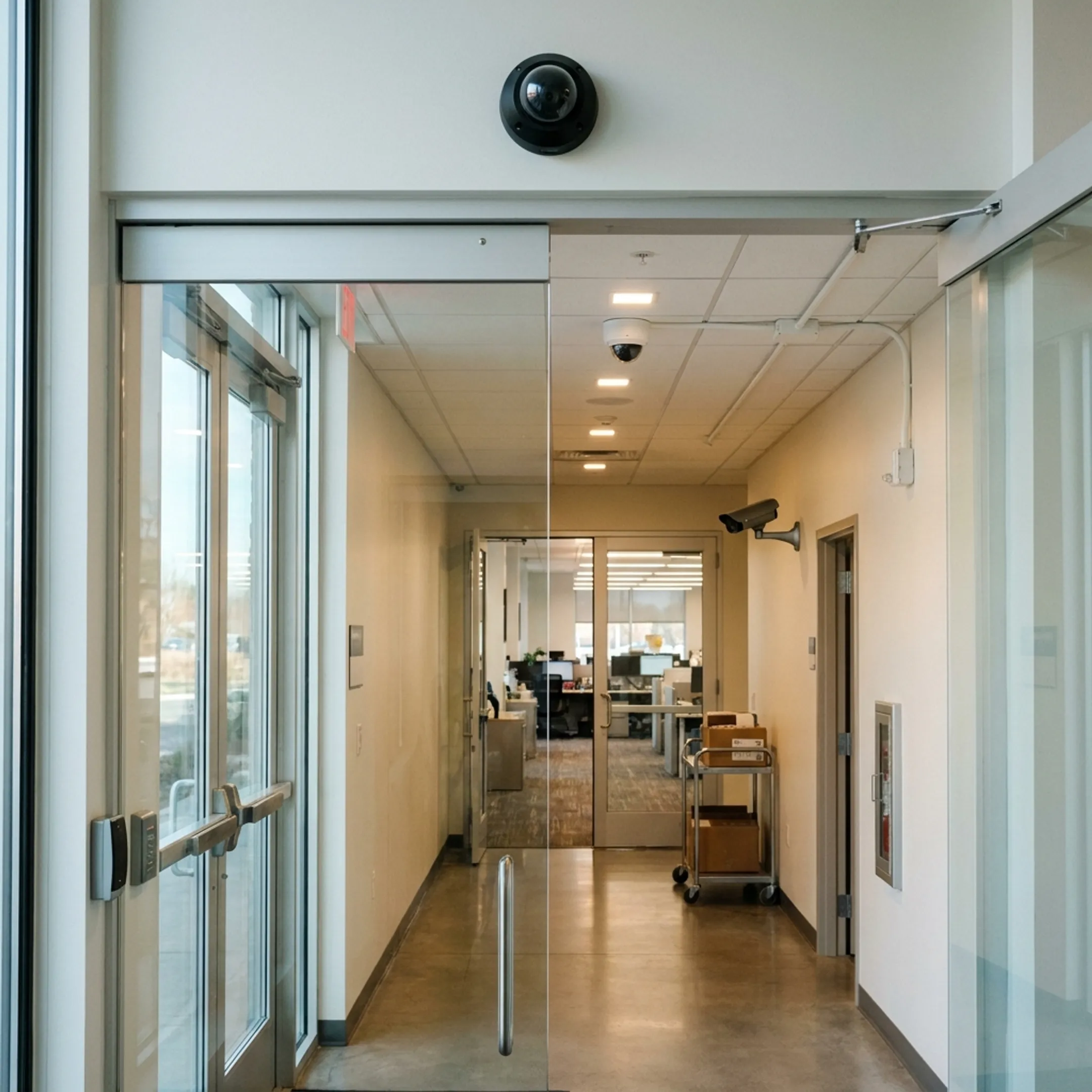 Commercial video surveillance cameras protecting a business facility