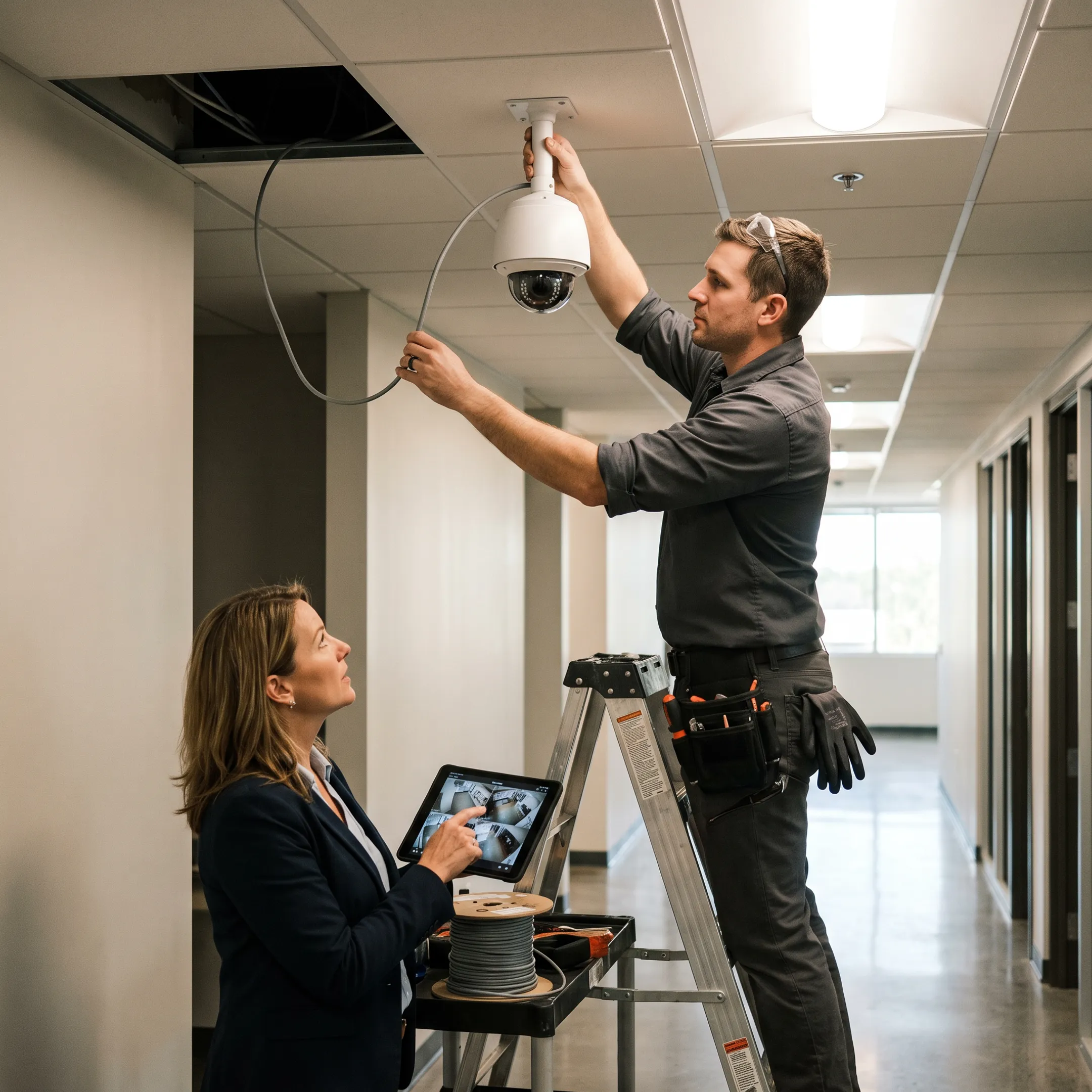 Technician installing commercial security cameras in a business facility