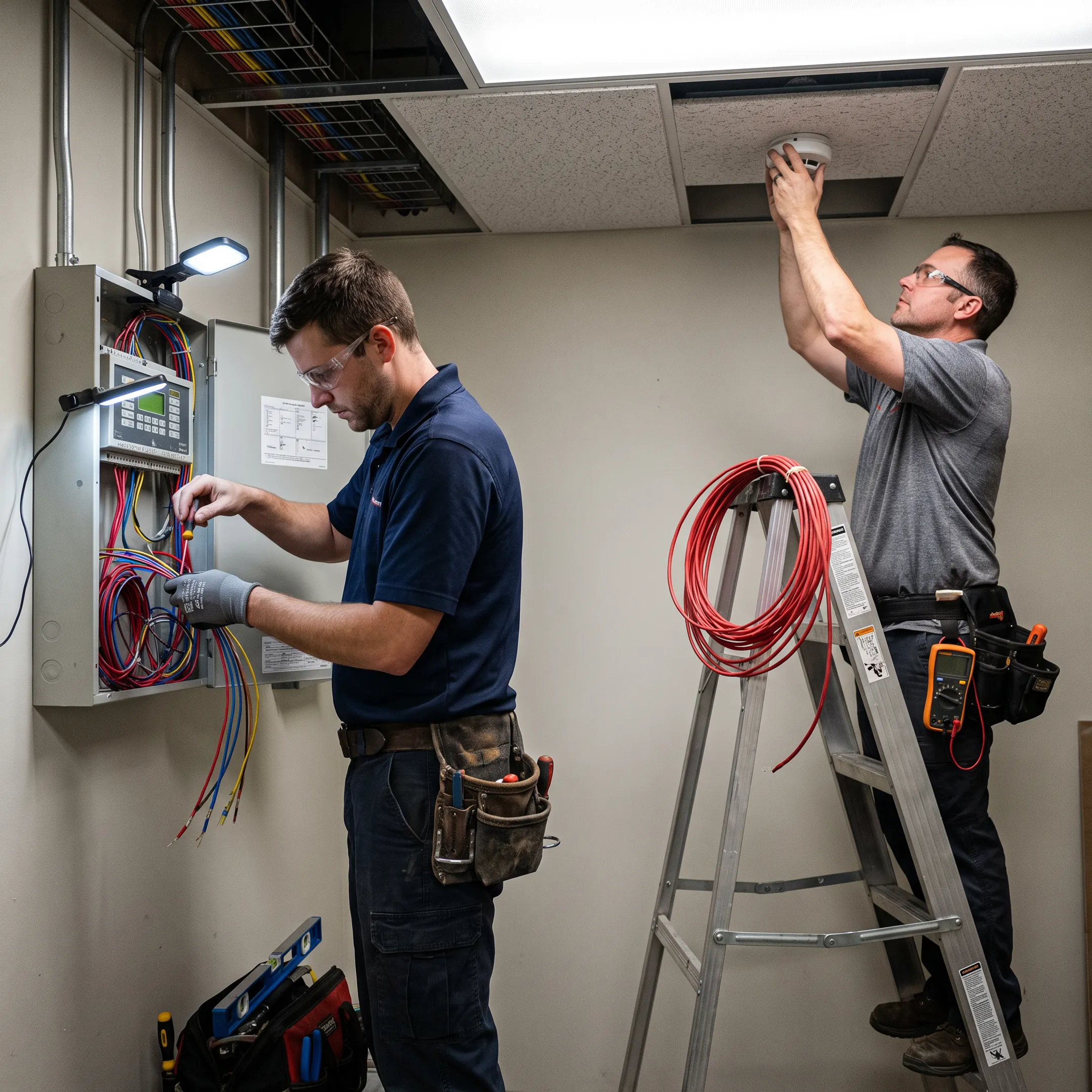 Technicians installing a commercial fire alarm system