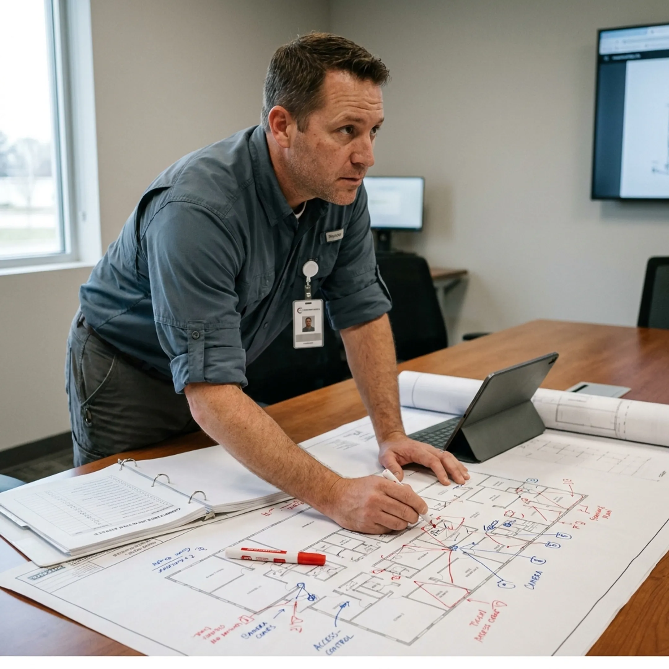 Security professional evaluating surveillance and access control plans