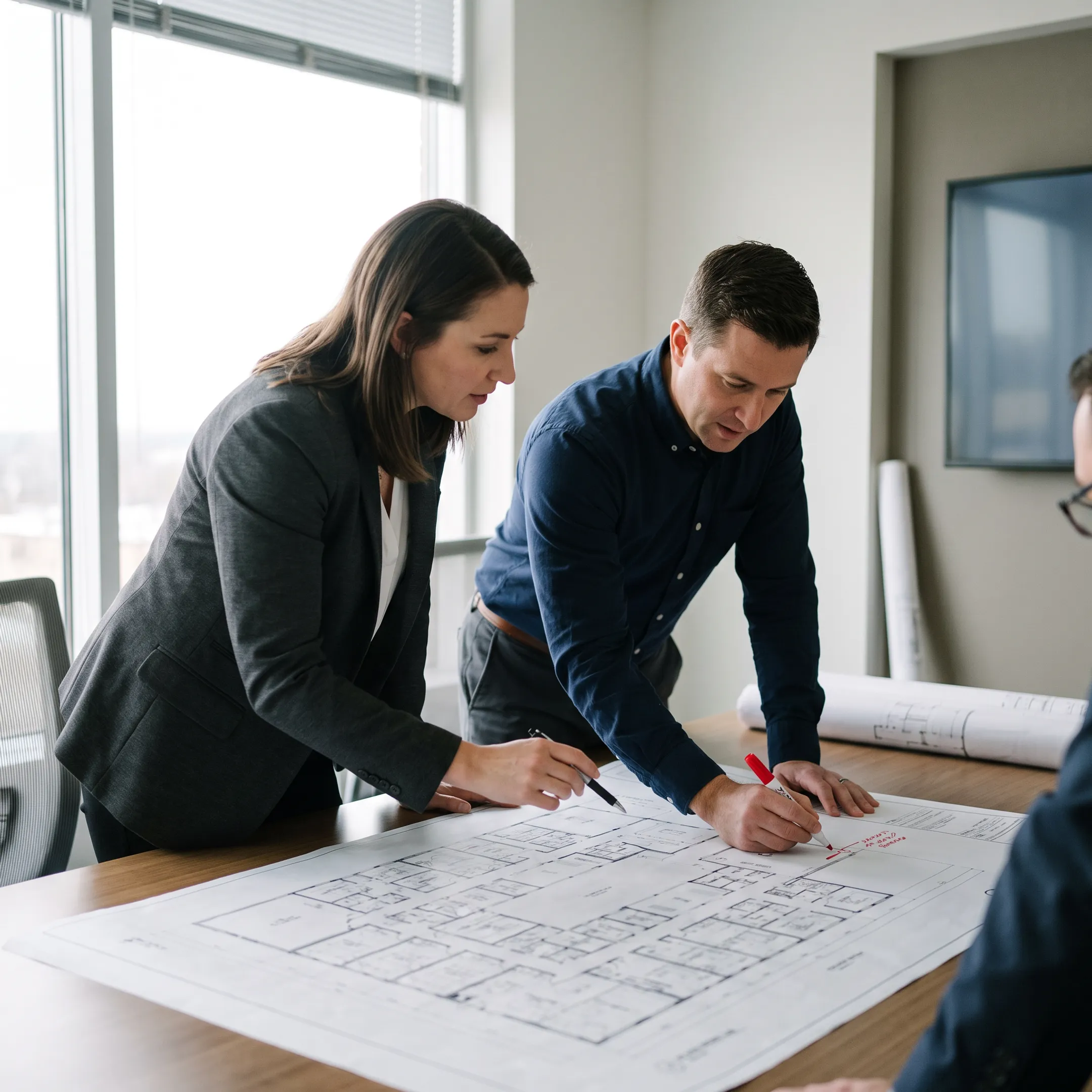Security consultant reviewing facility plans and system vulnerabilities with a client