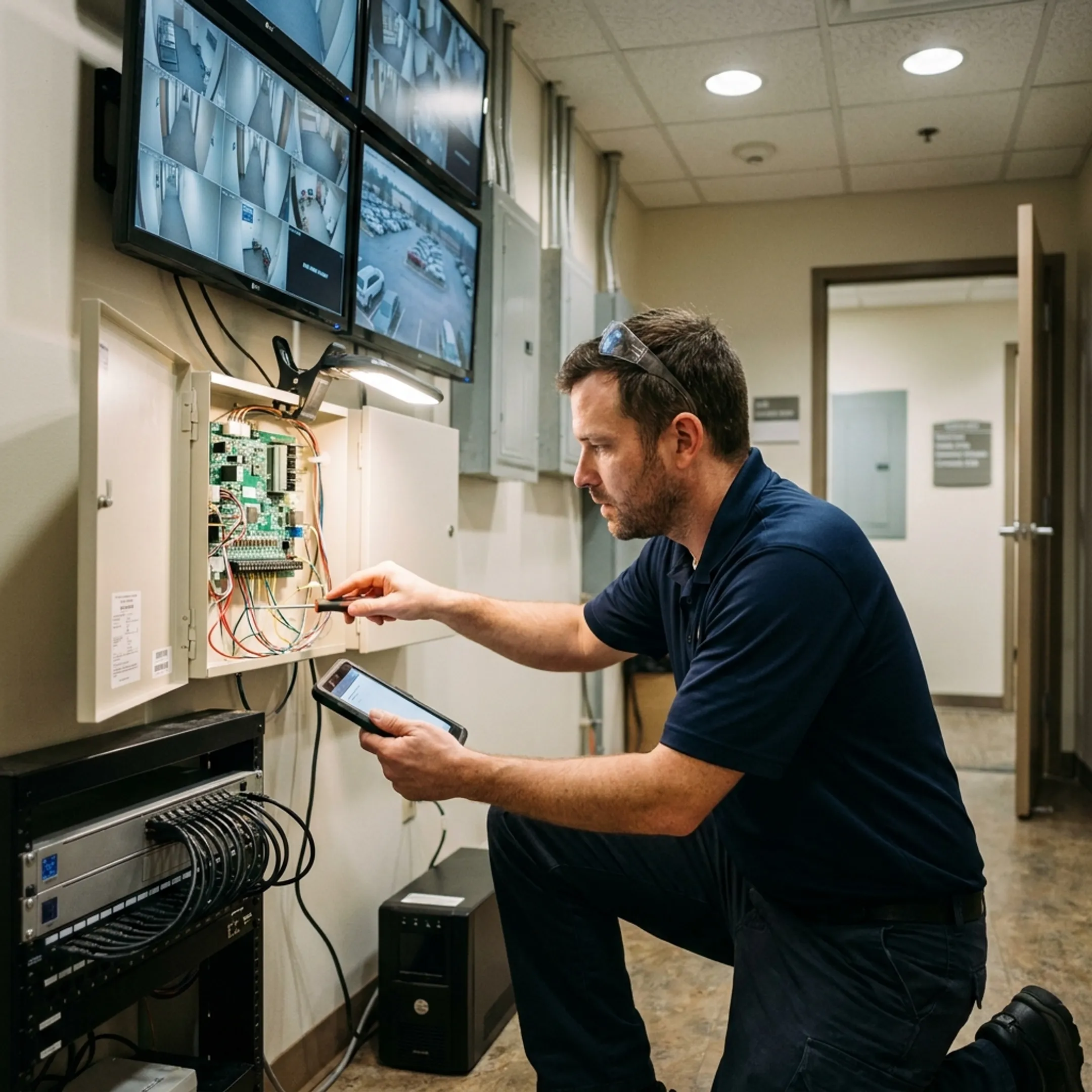 Technician integrating alarm and video surveillance equipment