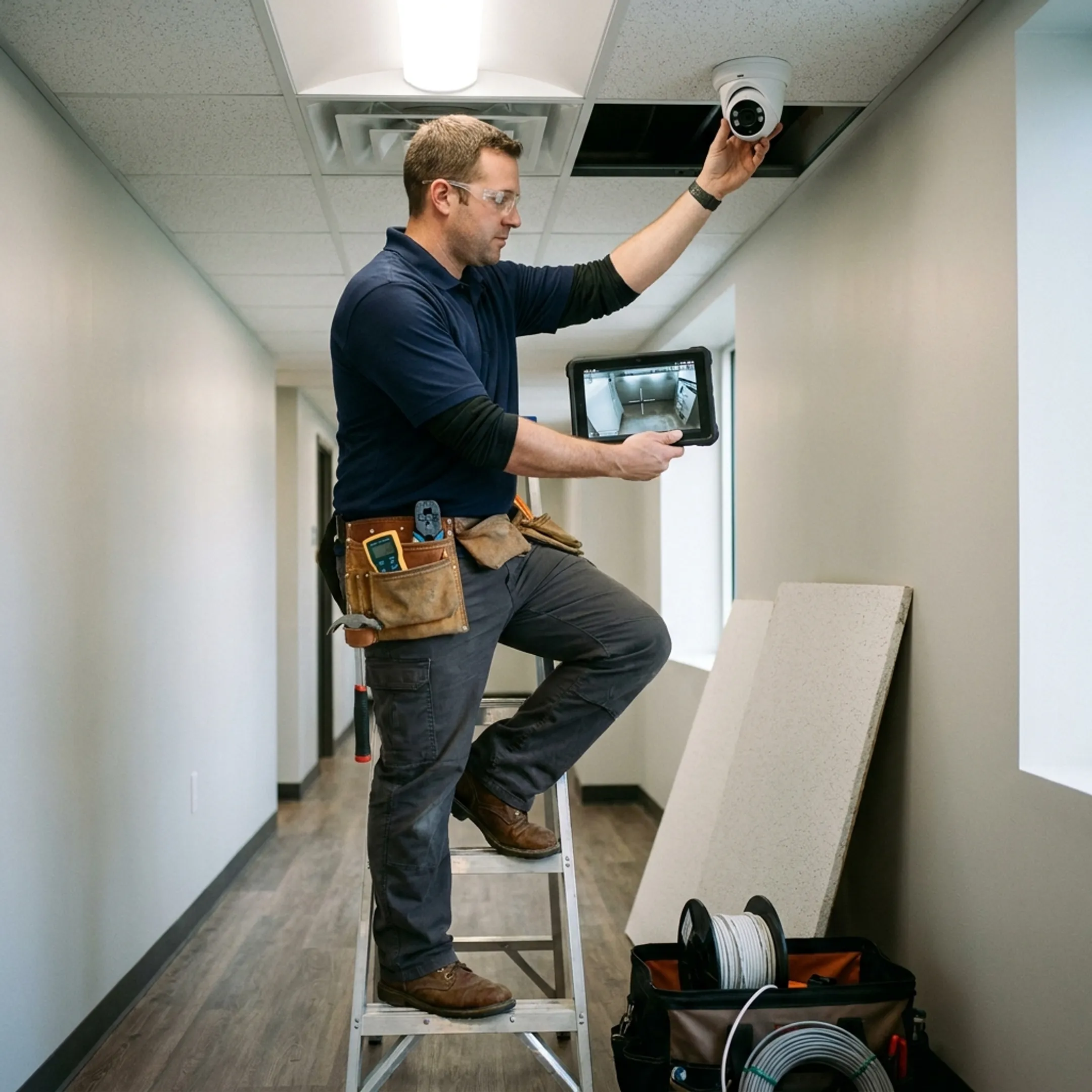 Security technician installing a digital surveillance camera at a commercial facility