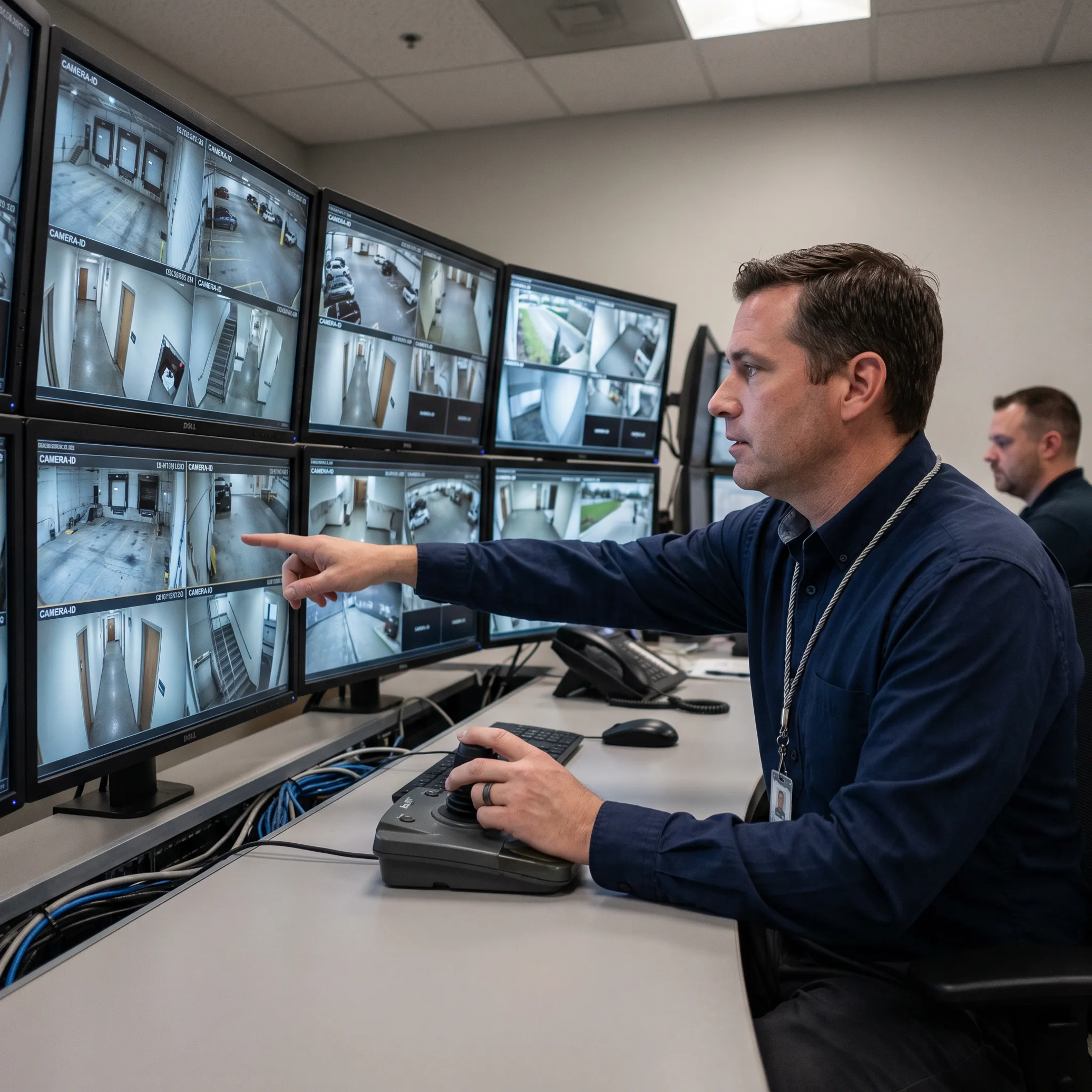 Technician reviewing a commercial video surveillance system with multiple security camera feeds