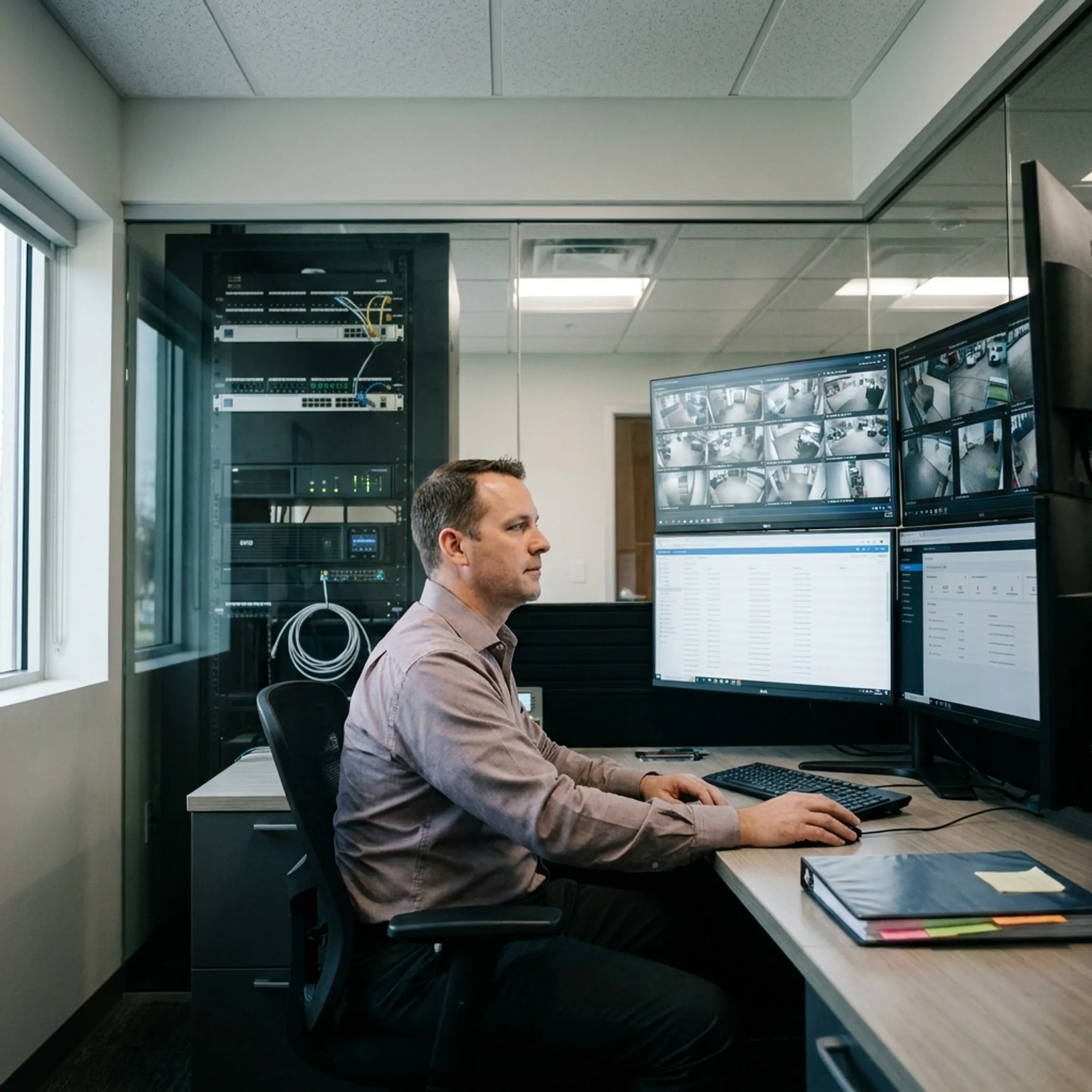Integrated security operations dashboard displaying cameras and access controls