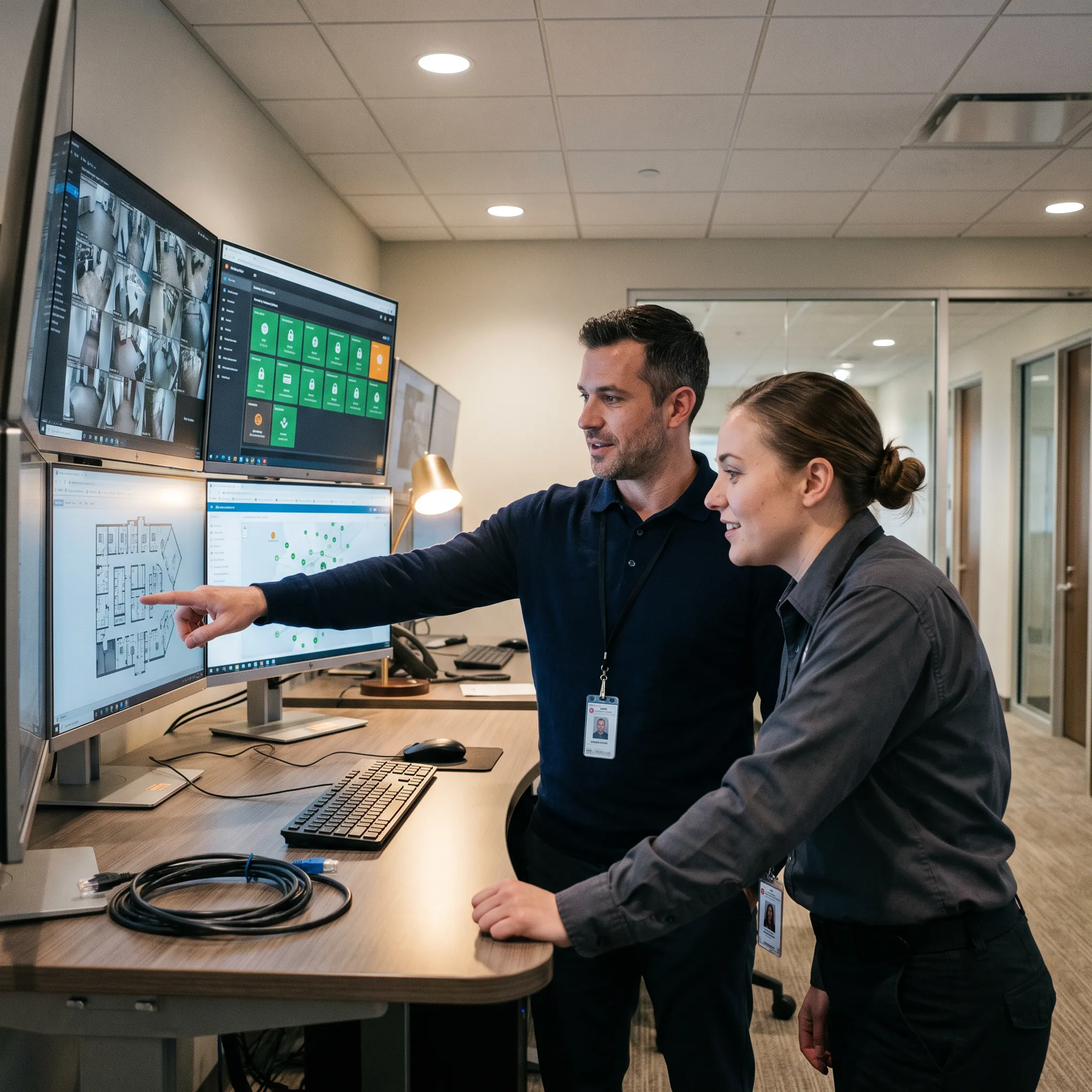 Security professionals reviewing integrated surveillance and access control systems