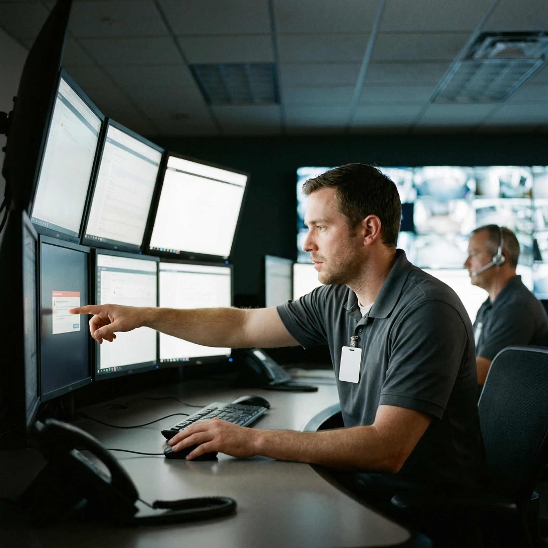 Video monitoring operator viewing security cameras and system alerts