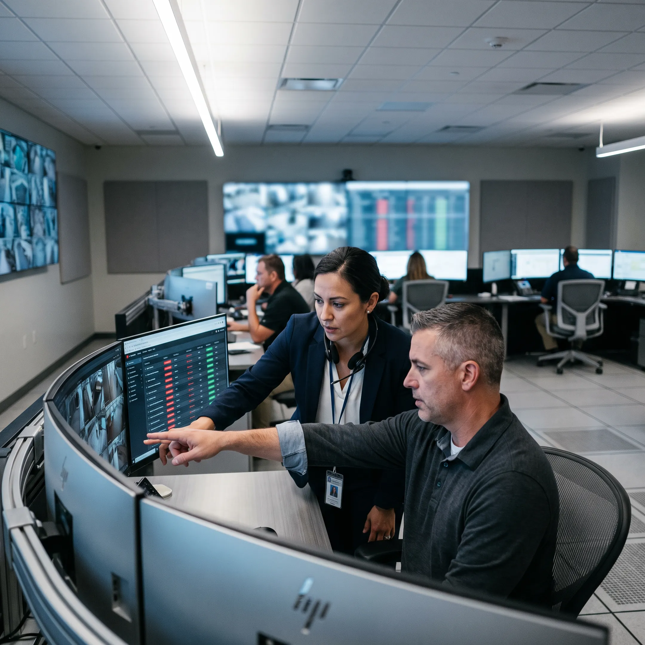 Security professionals reviewing live surveillance feeds on a video monitoring dashboard