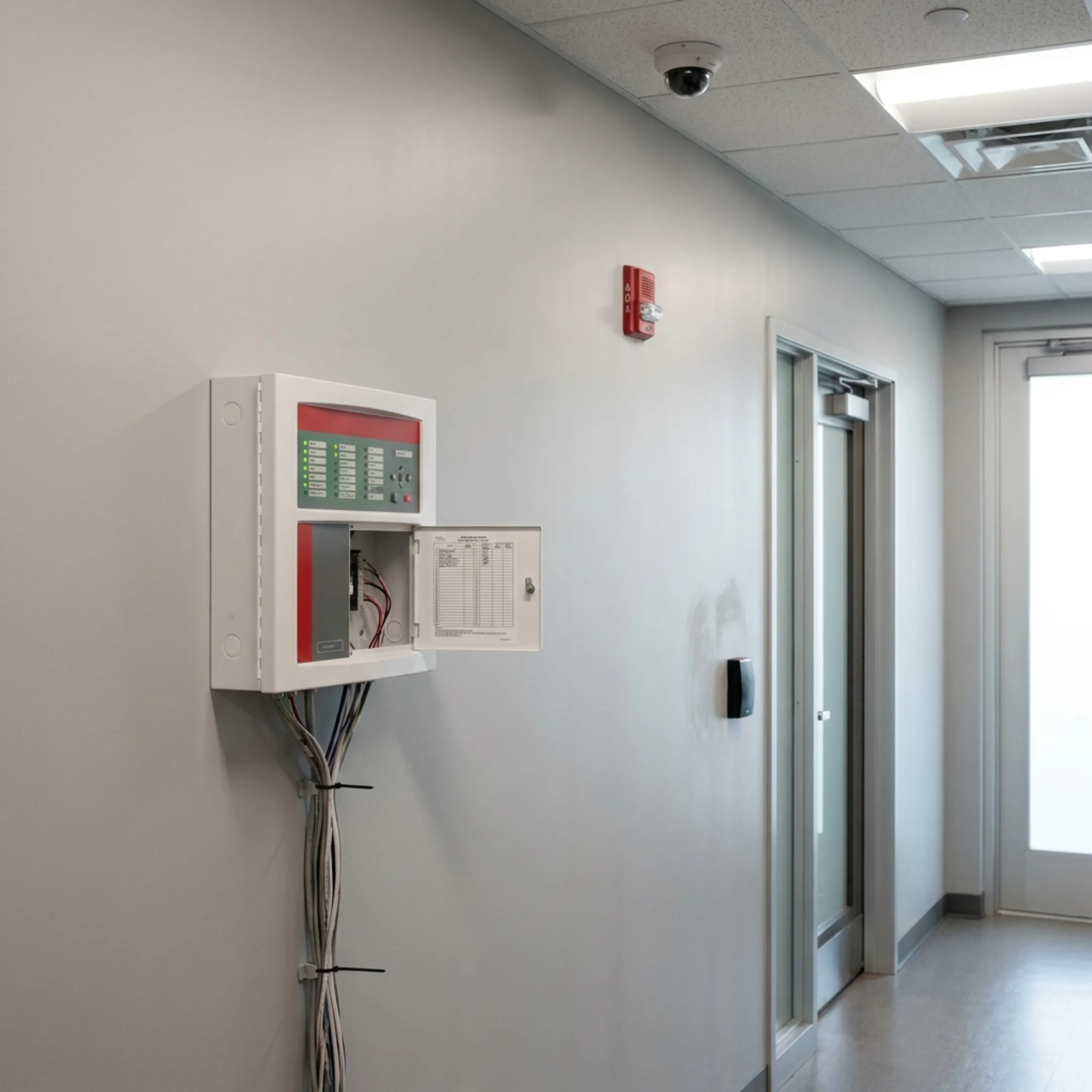 Commercial fire alarm control panel and alarm devices installed in a business facility