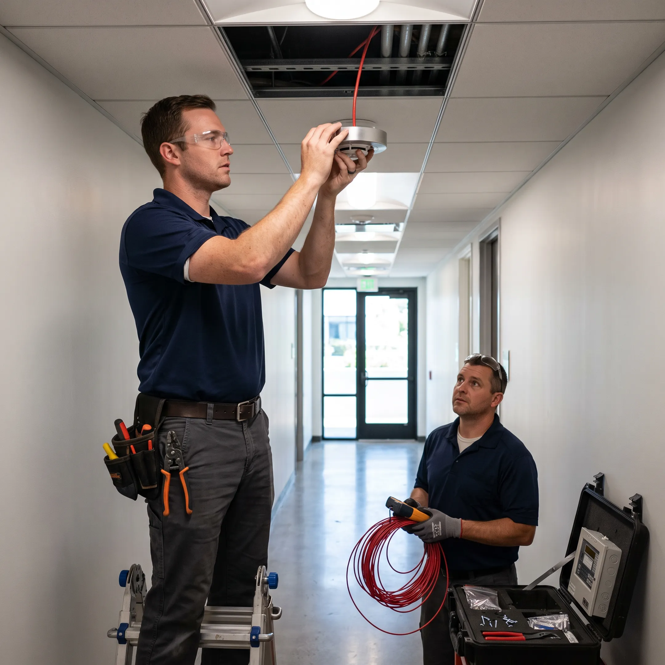 Technicians installing a commercial fire alarm system in a modern business facility