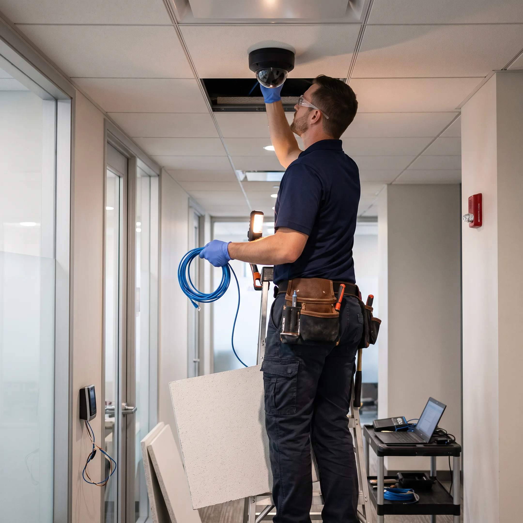 Technician installing integrated security and fire alarm equipment in a commercial facility