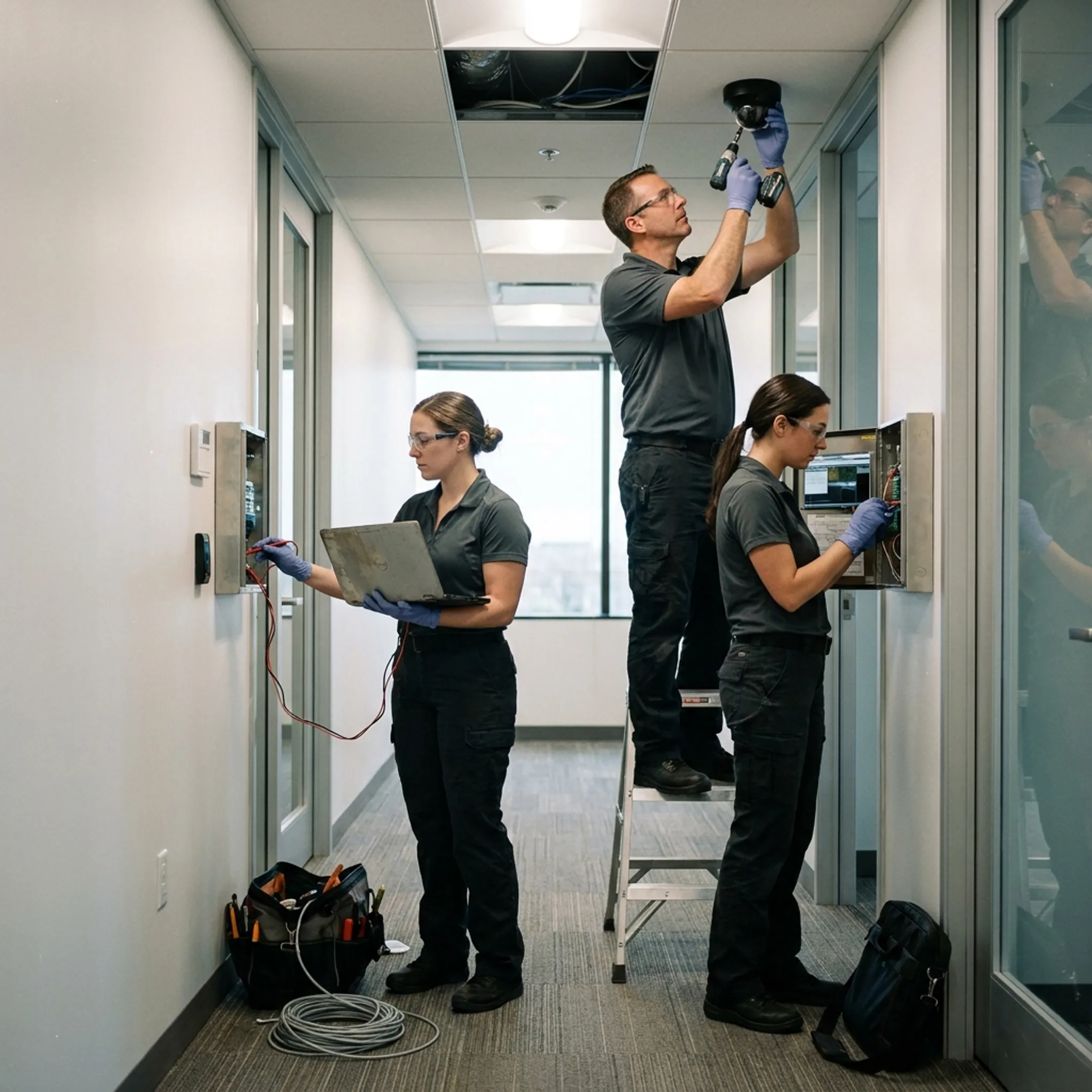 Security technicians configuring integrated access control and video surveillance equipment