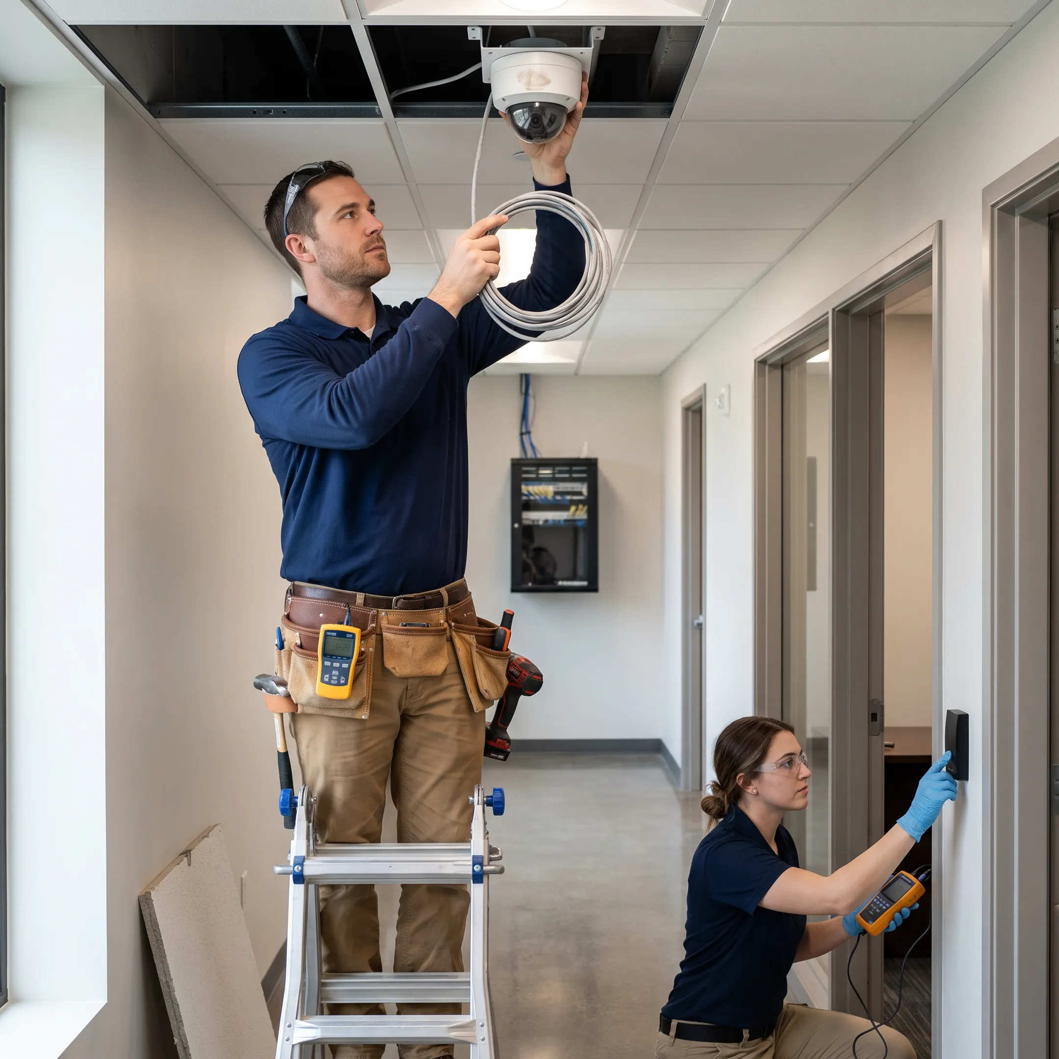 Technicians installing integrated security systems in a commercial facility
