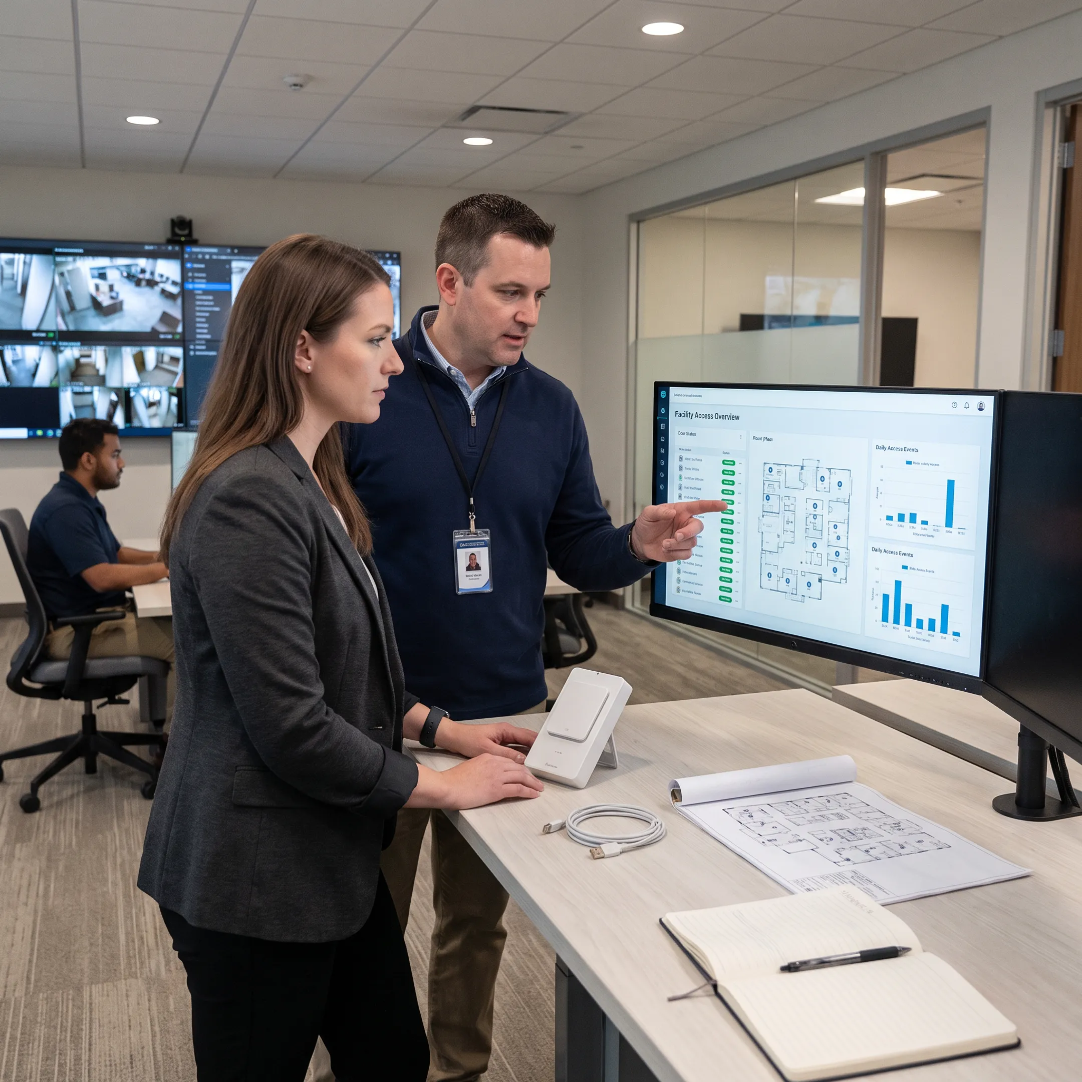Commercial security team reviewing access control and surveillance systems