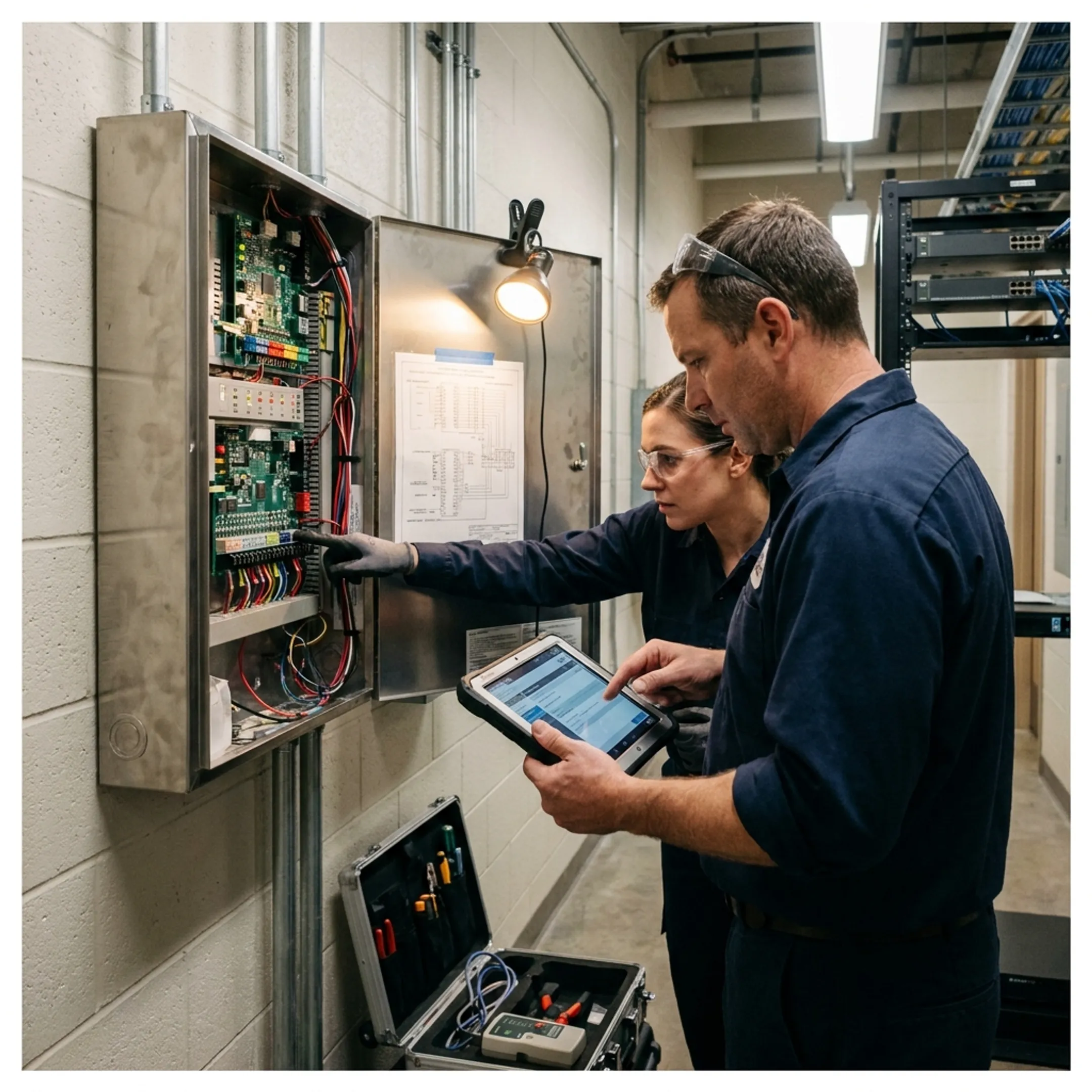 Commercial fire alarm control panel installed by a technician