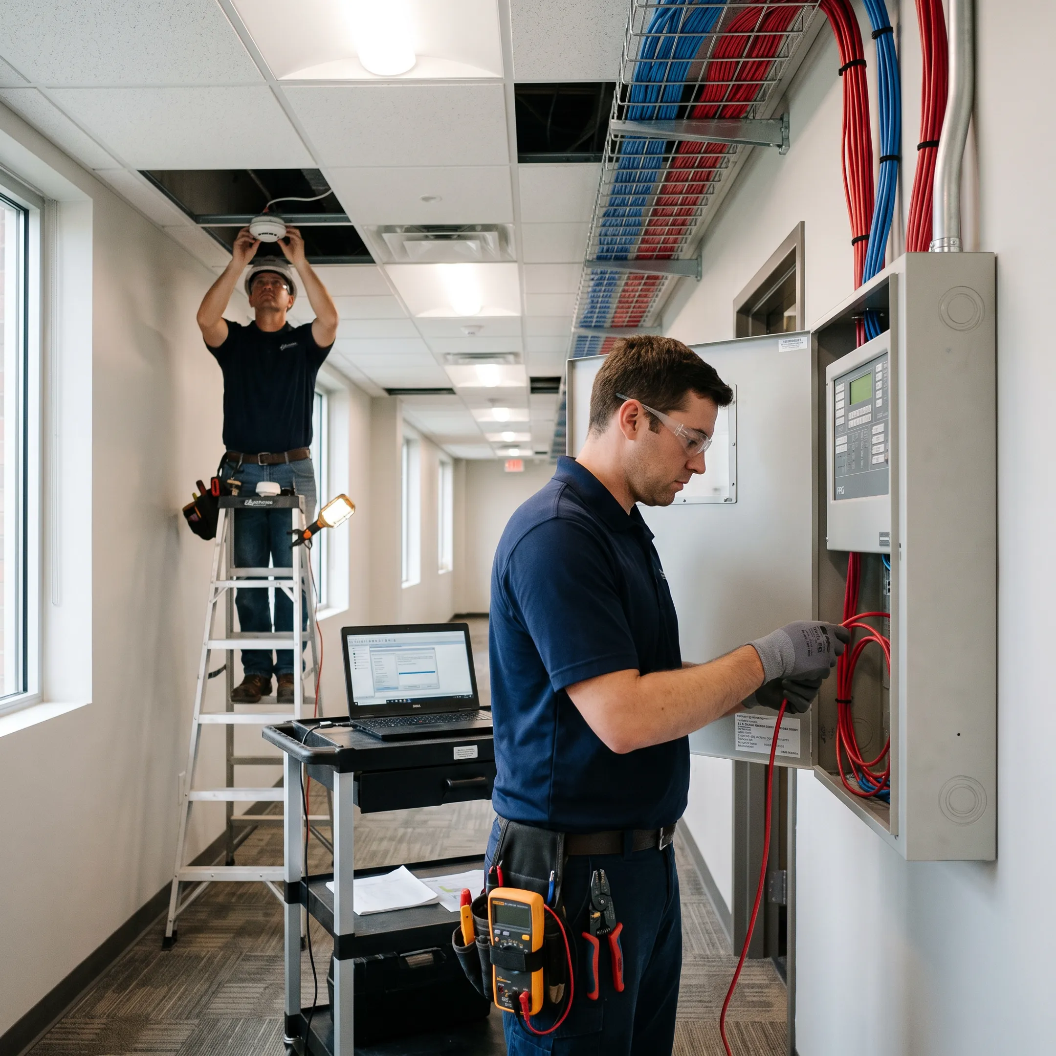 Technicians installing a commercial fire alarm system