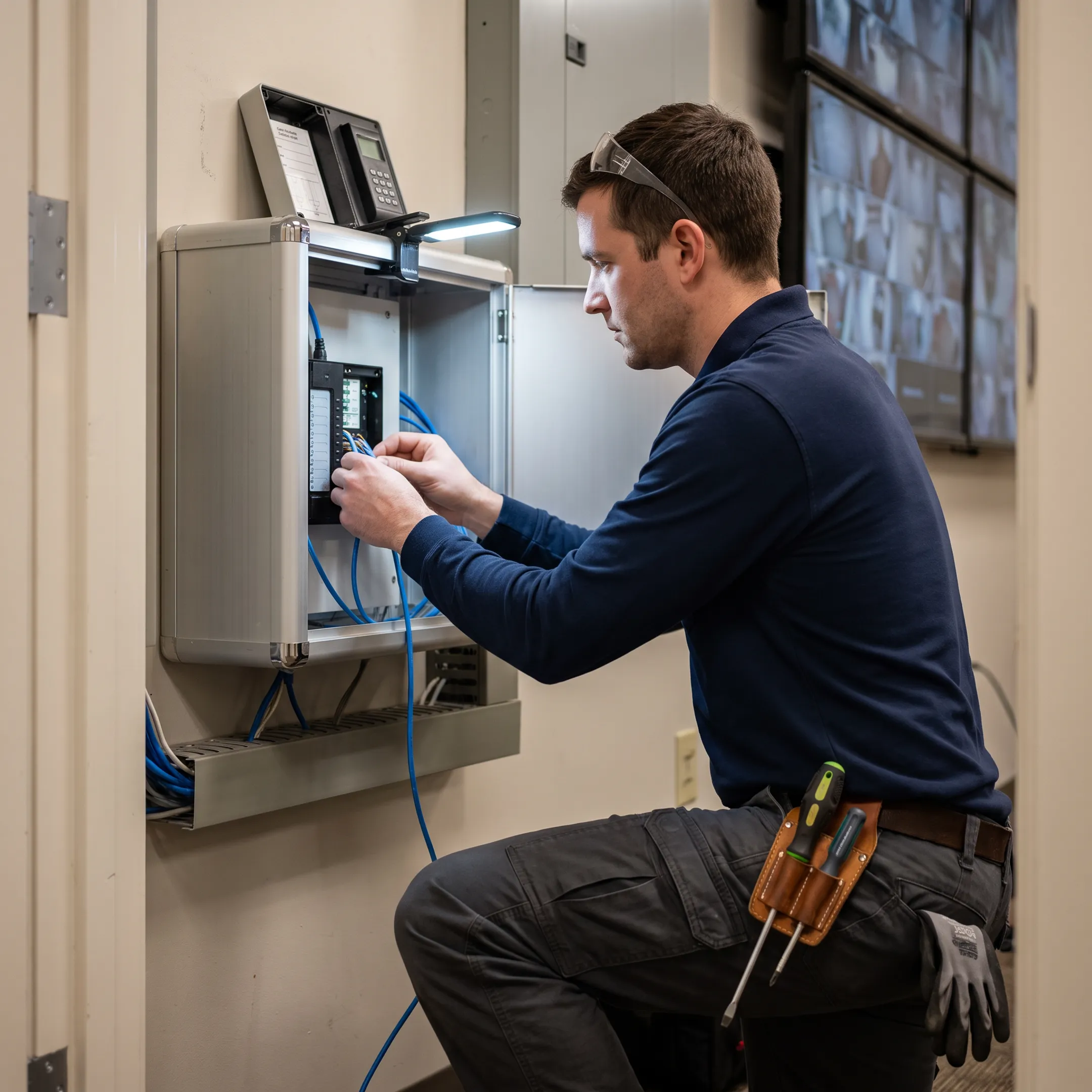 Technician configuring an integrated electronic access control system at a commercial facility