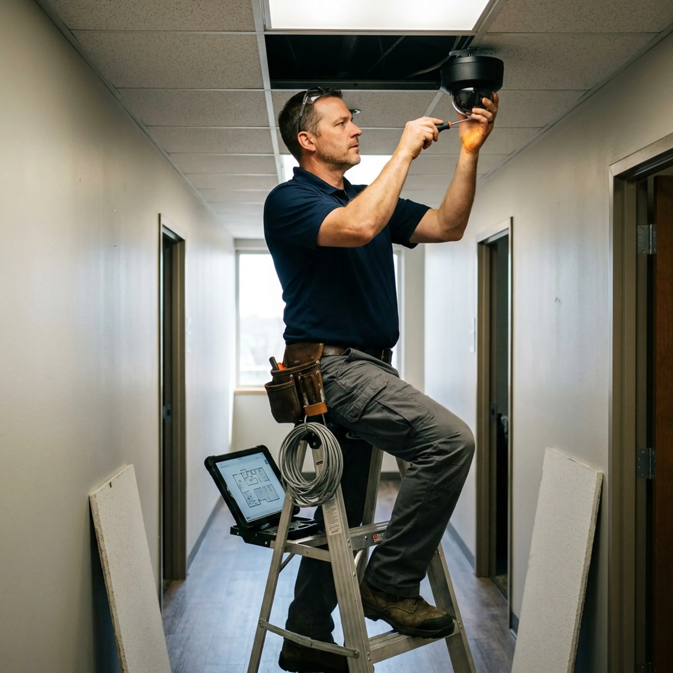 Technician installing cameras at a government facility