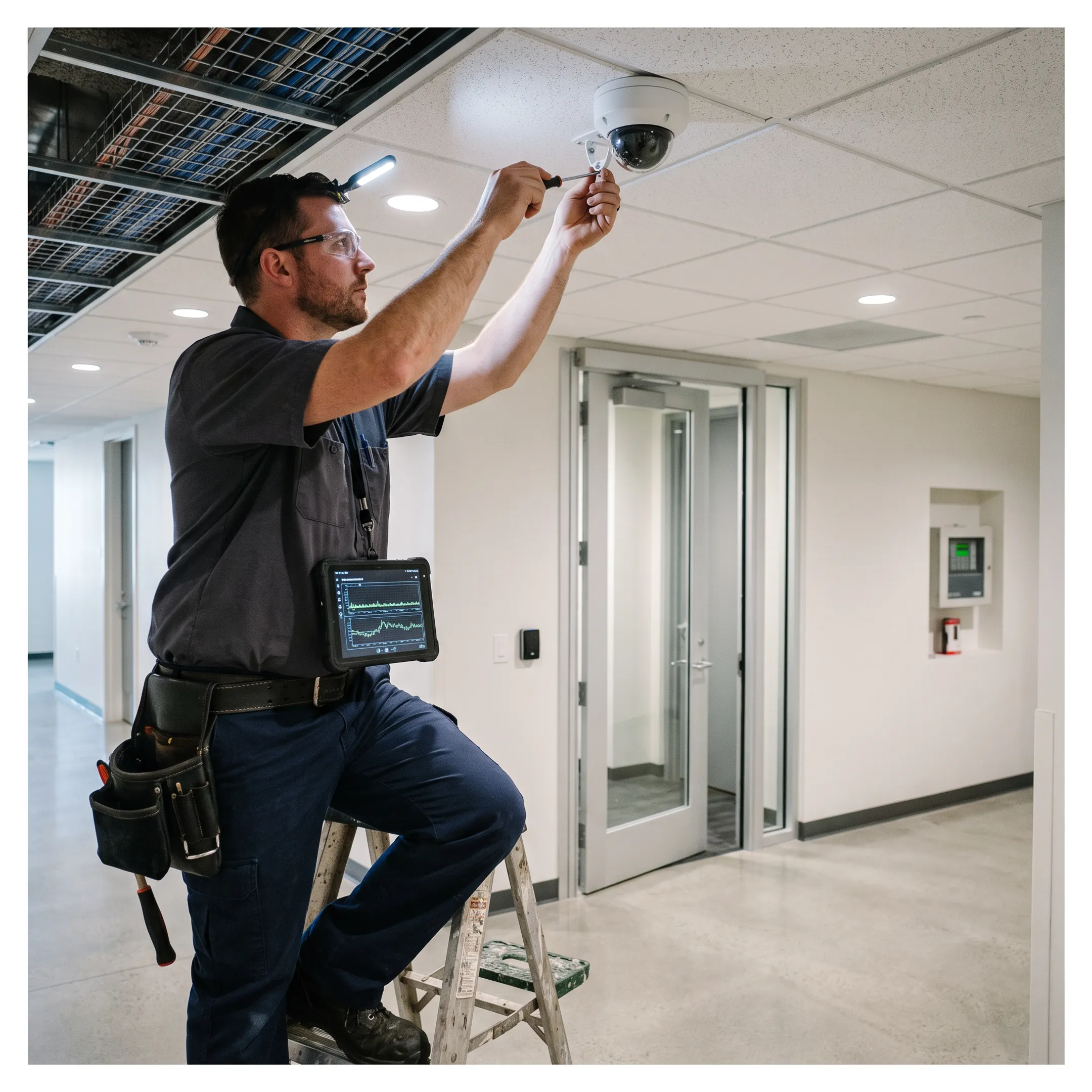 Technician installing integrated fire and security equipment in a commercial facility