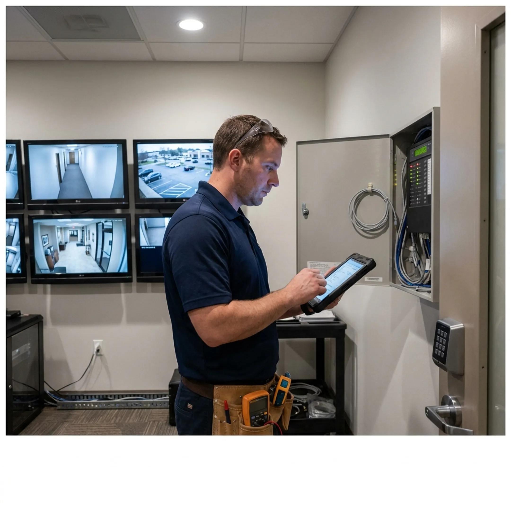 Integrated bank security system with alarm panel cameras and controlled access doors