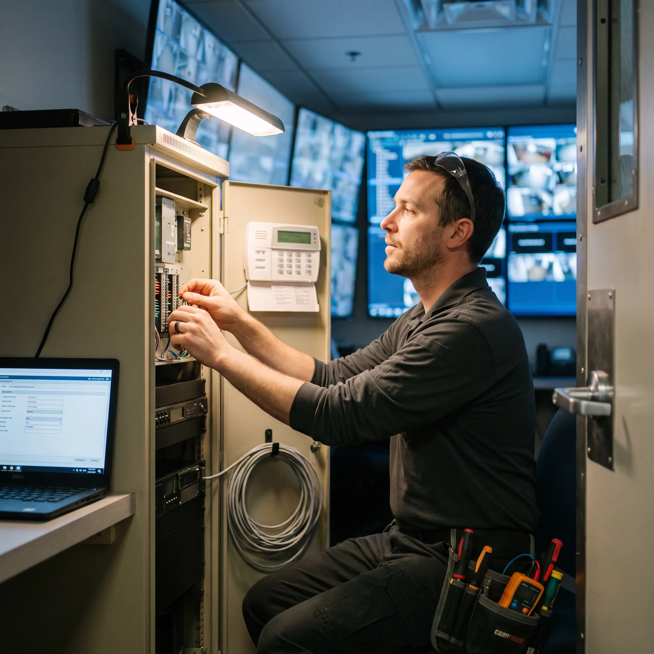Security technician configuring alarm and surveillance equipment in a bank security control room