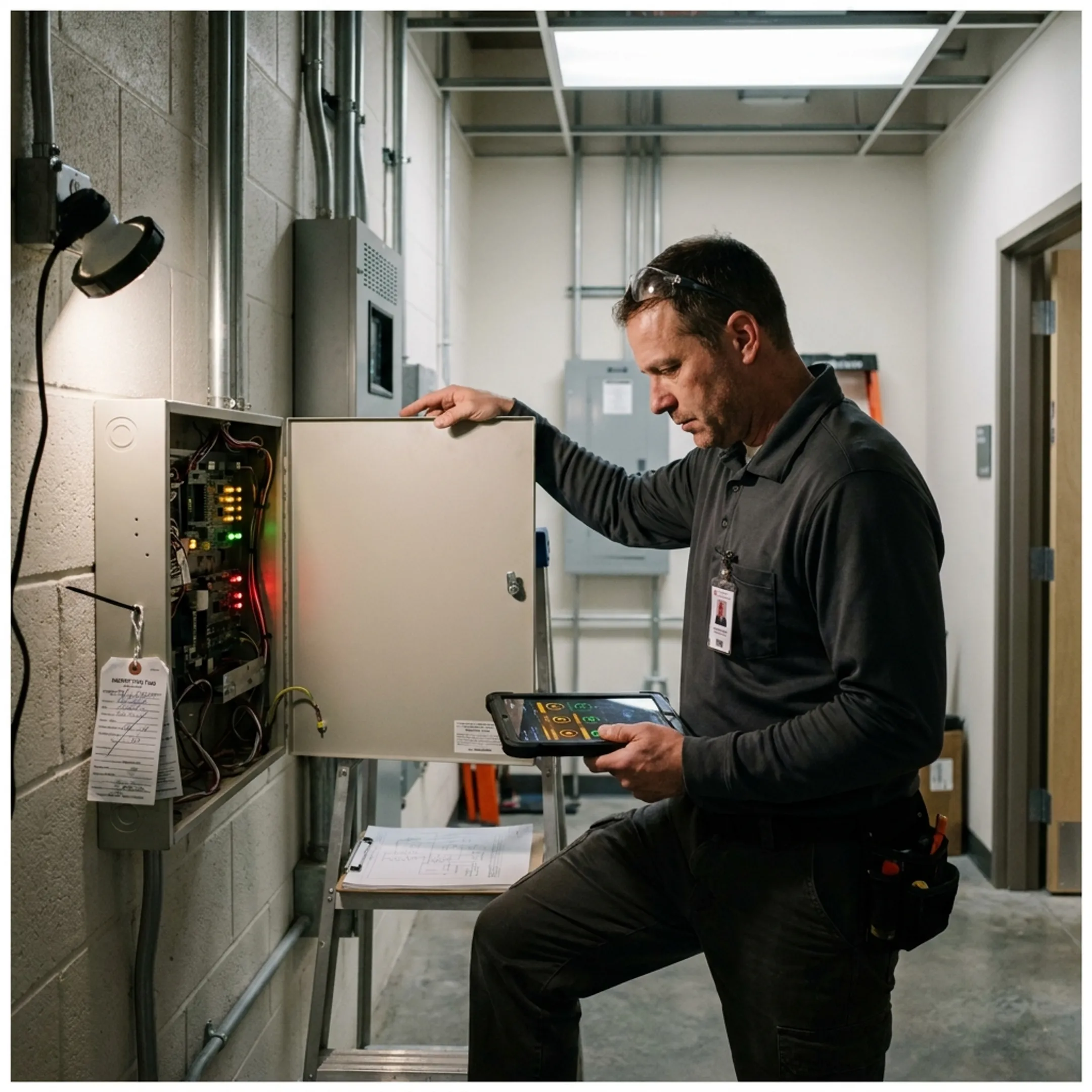 Commercial fire alarm system being reviewed by a security technician