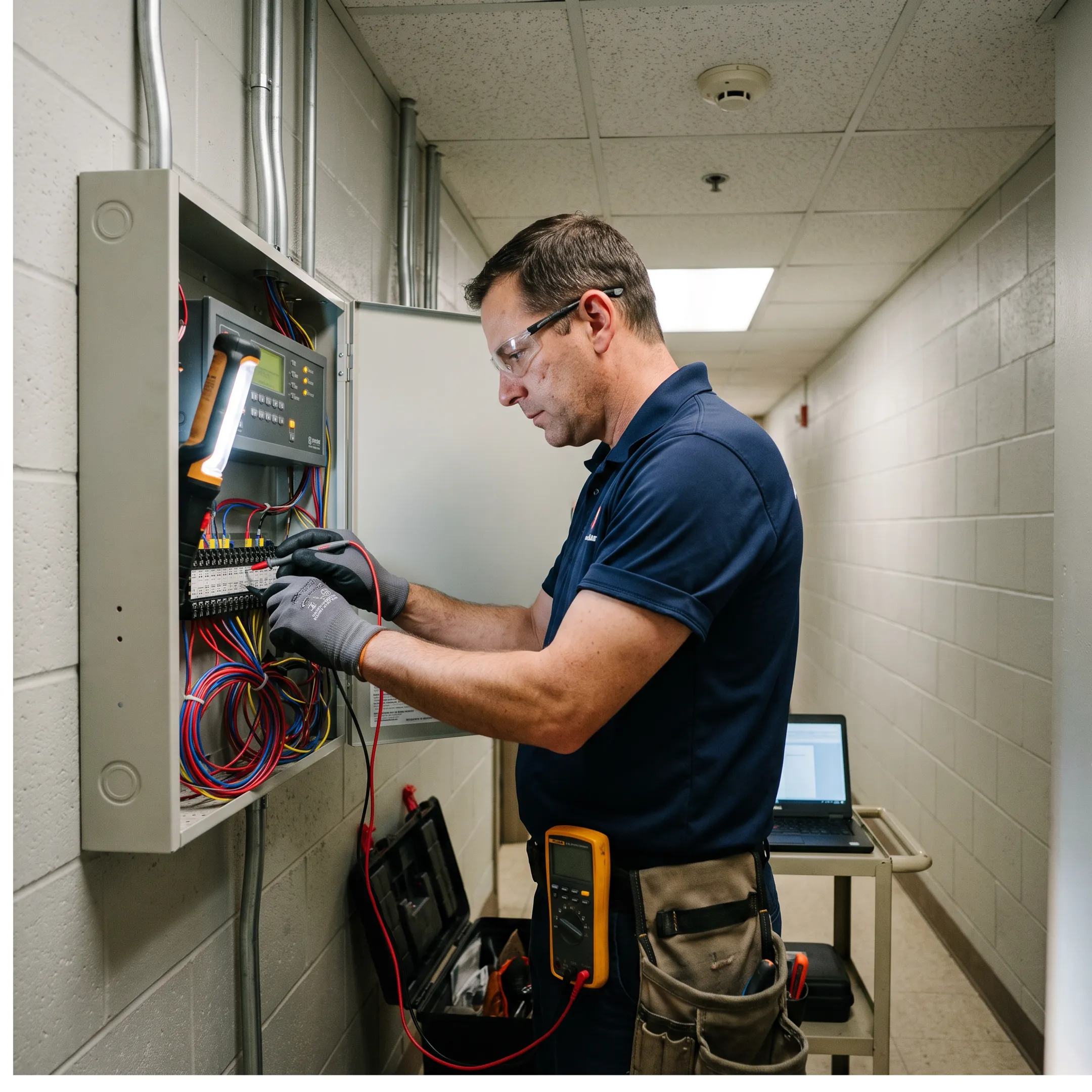 Technician installing commercial fire alarm equipment in a facility
