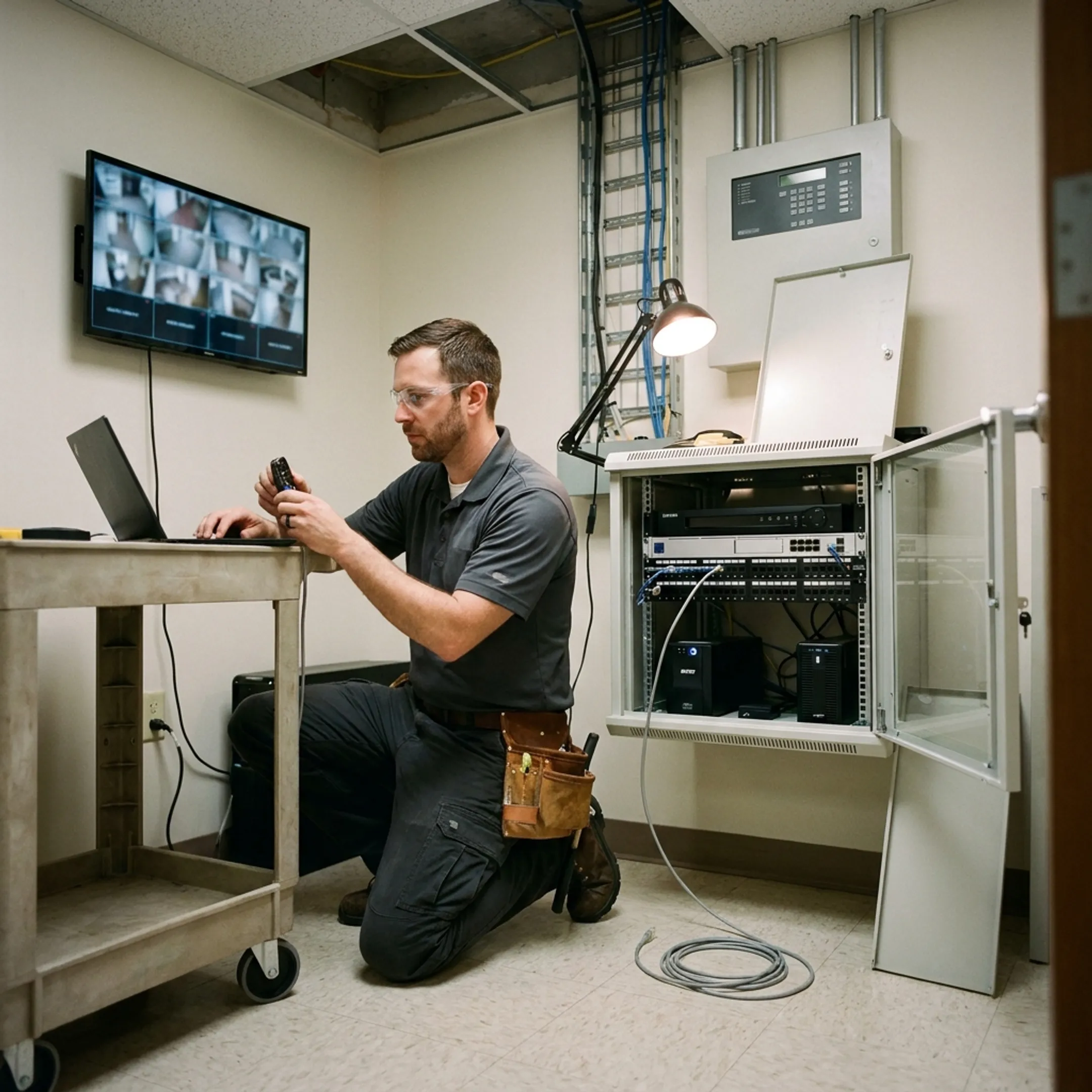 Technician configuring integrated security systems in a commercial facility