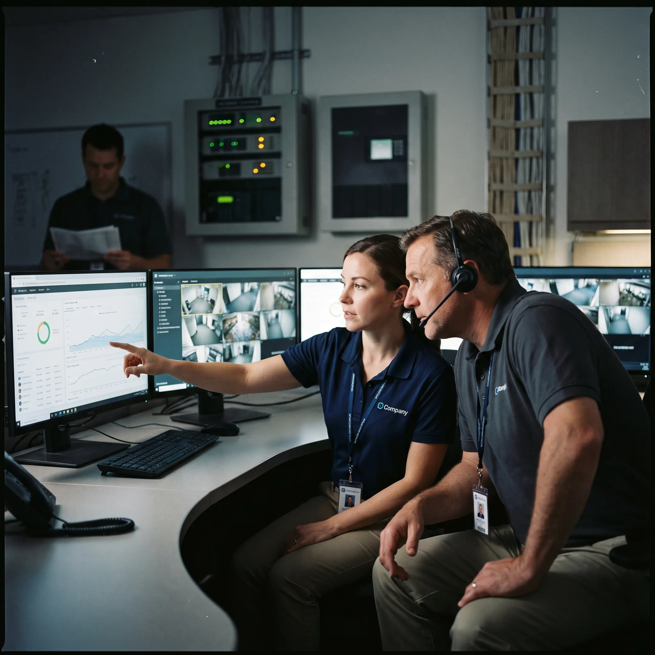 Integrated commercial security technology with cameras, access controls, and monitoring displays