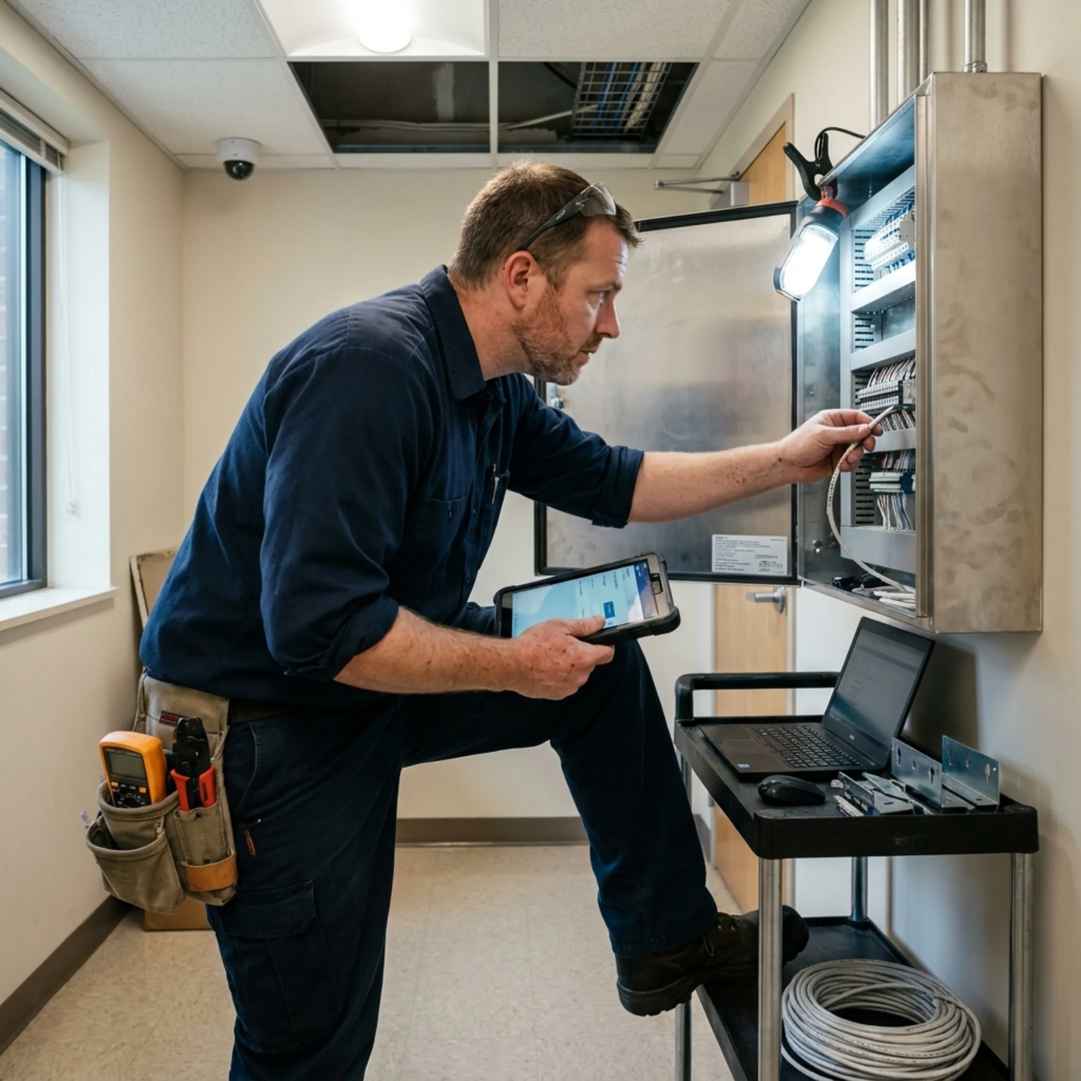 Technician configuring integrated alarm and access control equipment