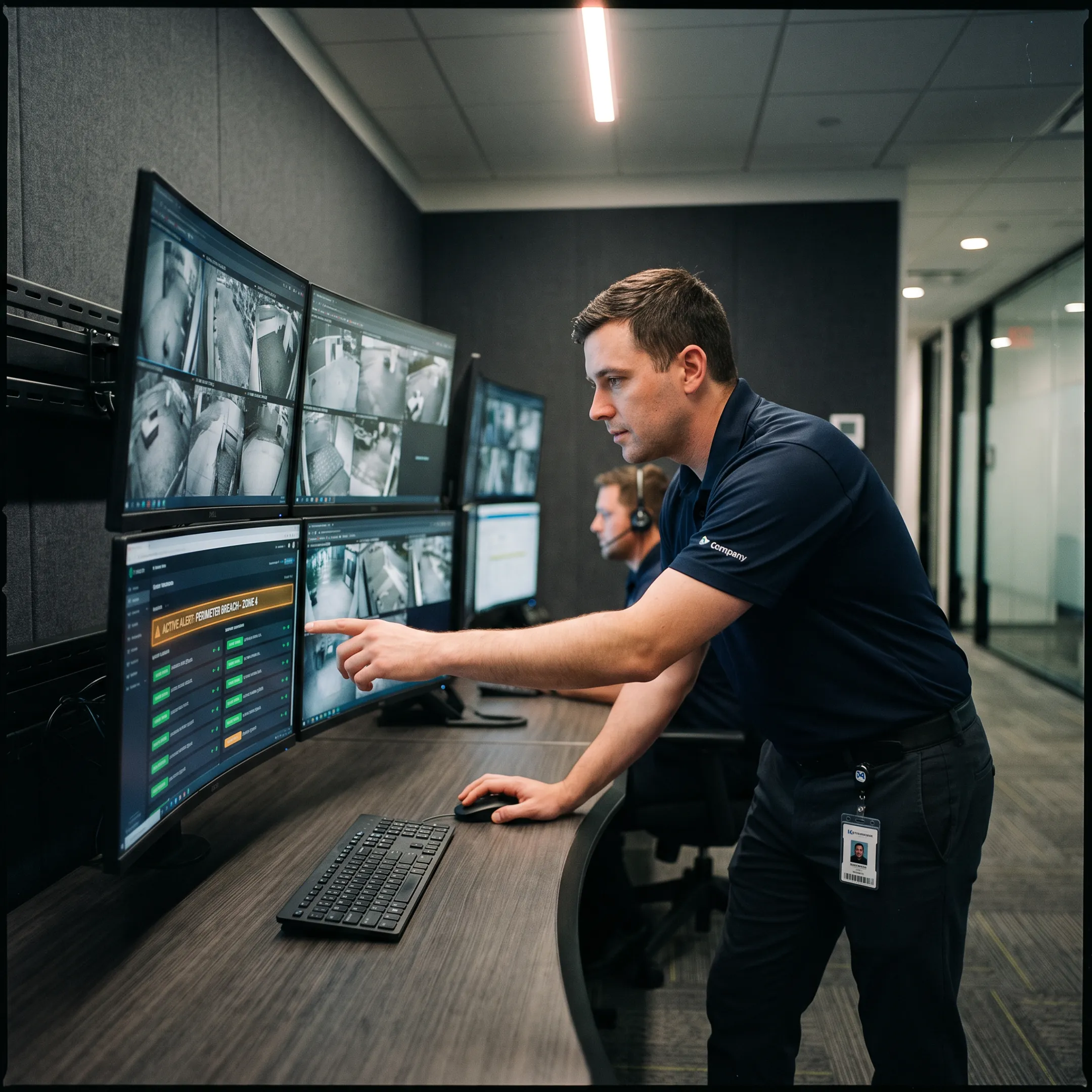 Commercial security control room with alarm monitoring and surveillance displays