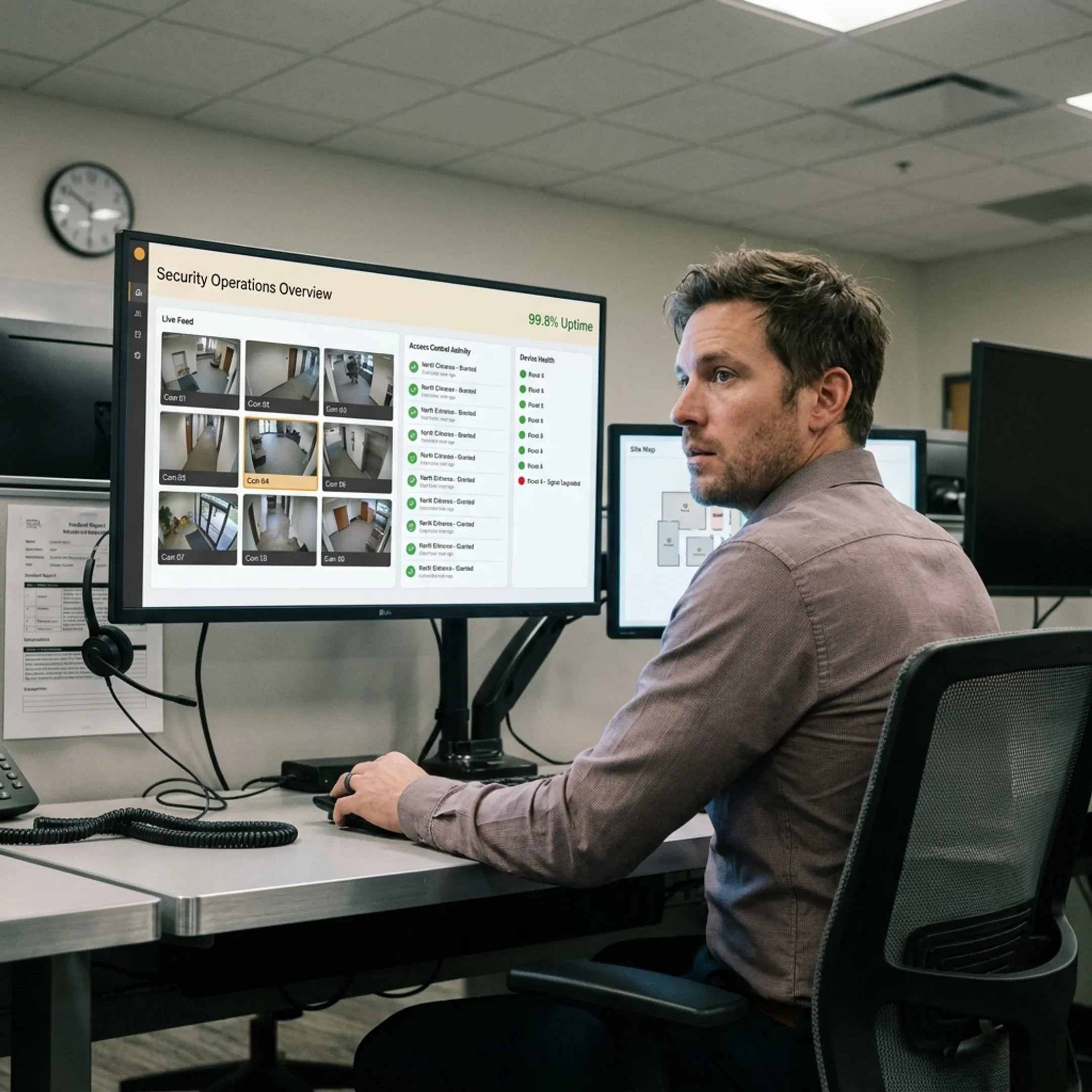 Integrated security monitoring dashboard displaying cameras, access control, and system health data
