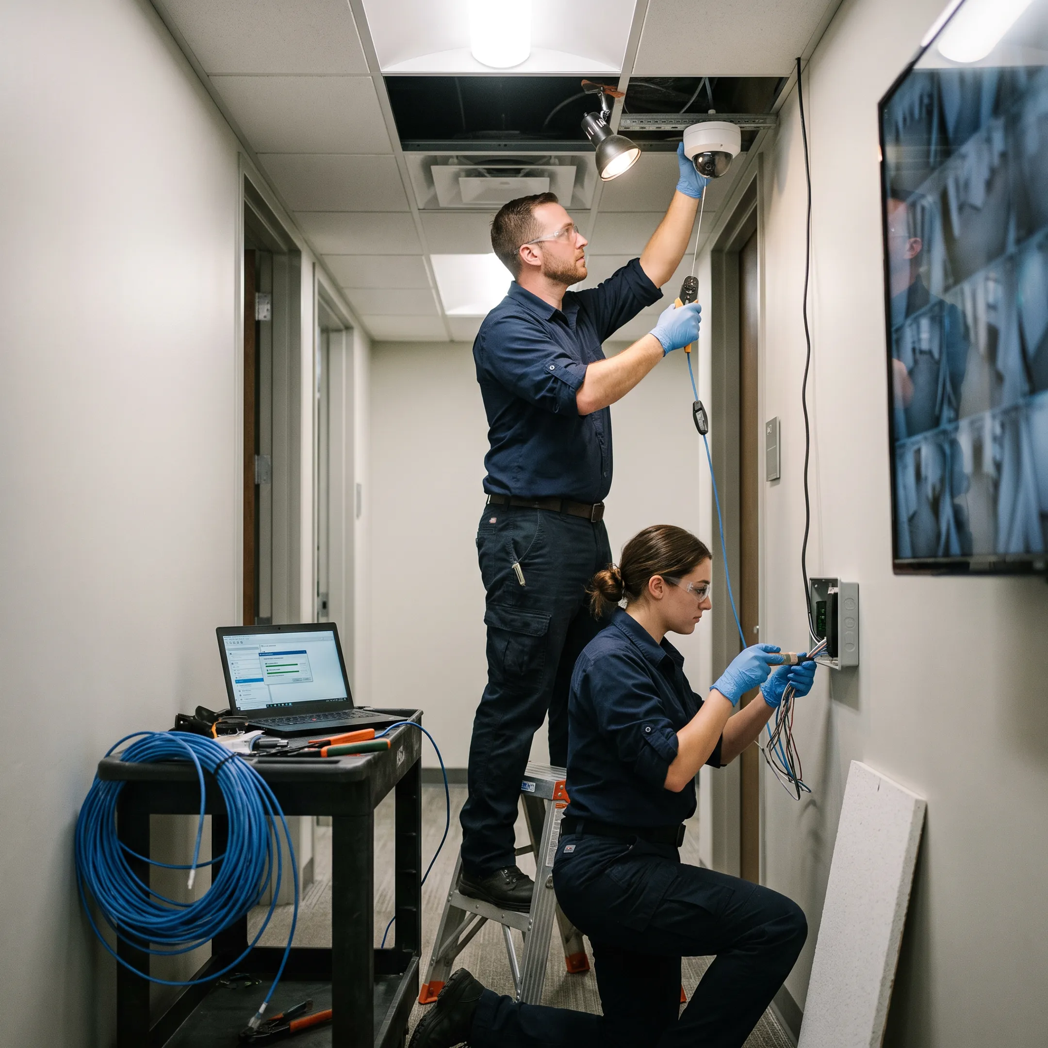 Security technicians installing cameras and access control equipment in a commercial facility