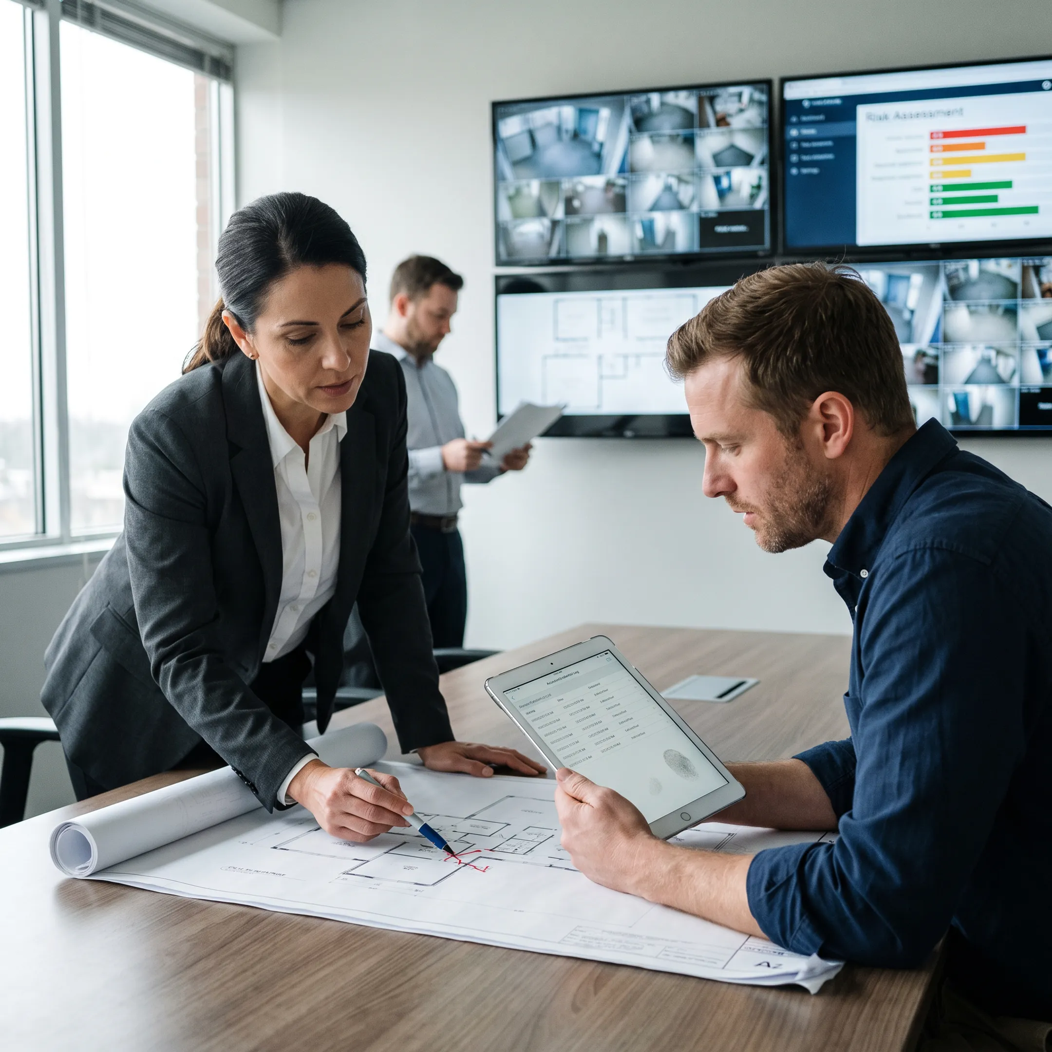 Security professionals reviewing facility risk assessment plans and surveillance system data