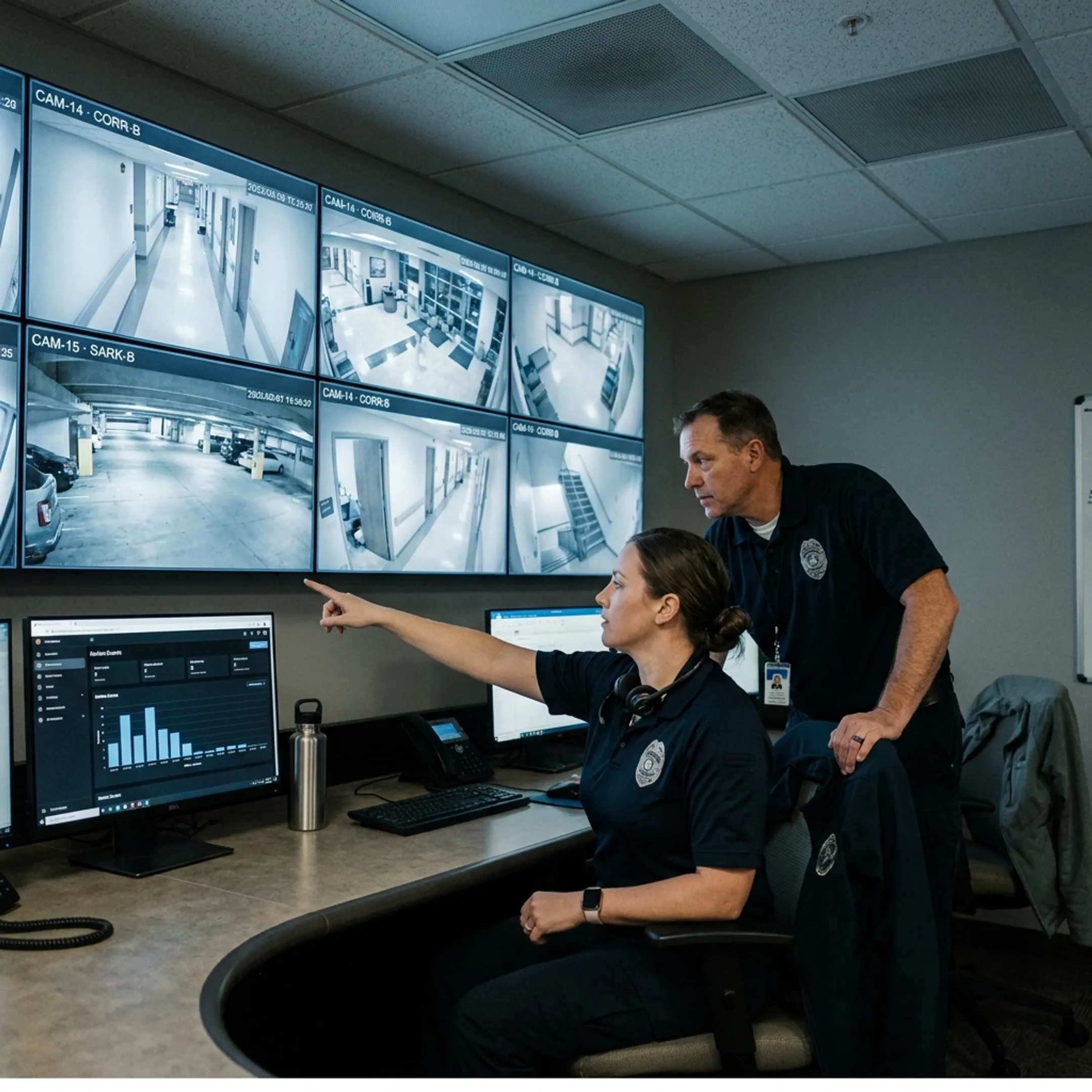 Security operations team reviewing hospital camera feeds