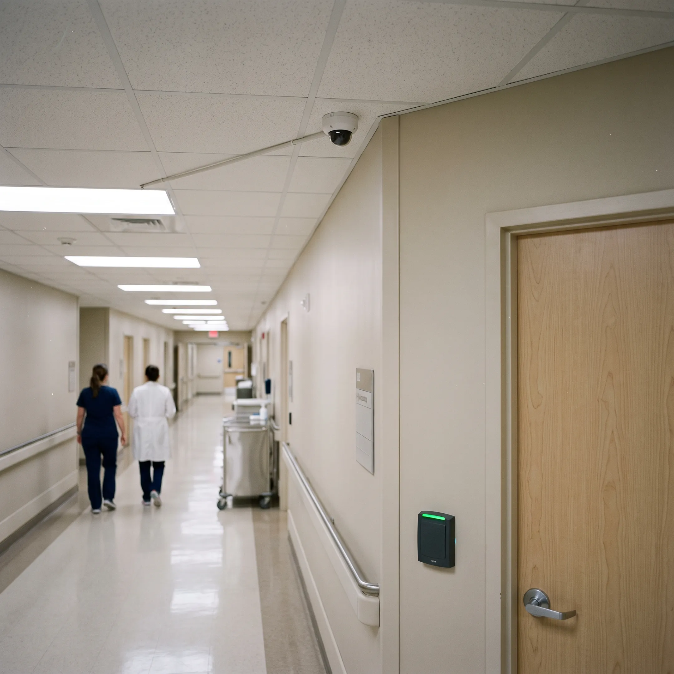 Healthcare security camera system monitoring a hospital corridor
