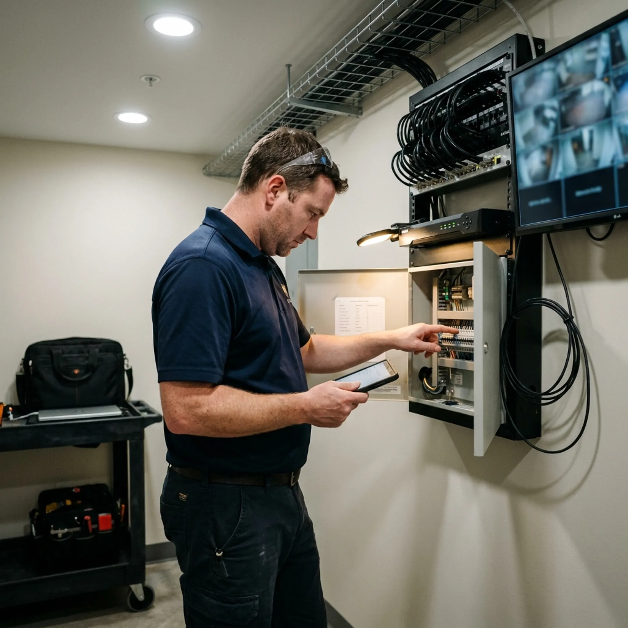 Technician reviewing an integrated commercial security system