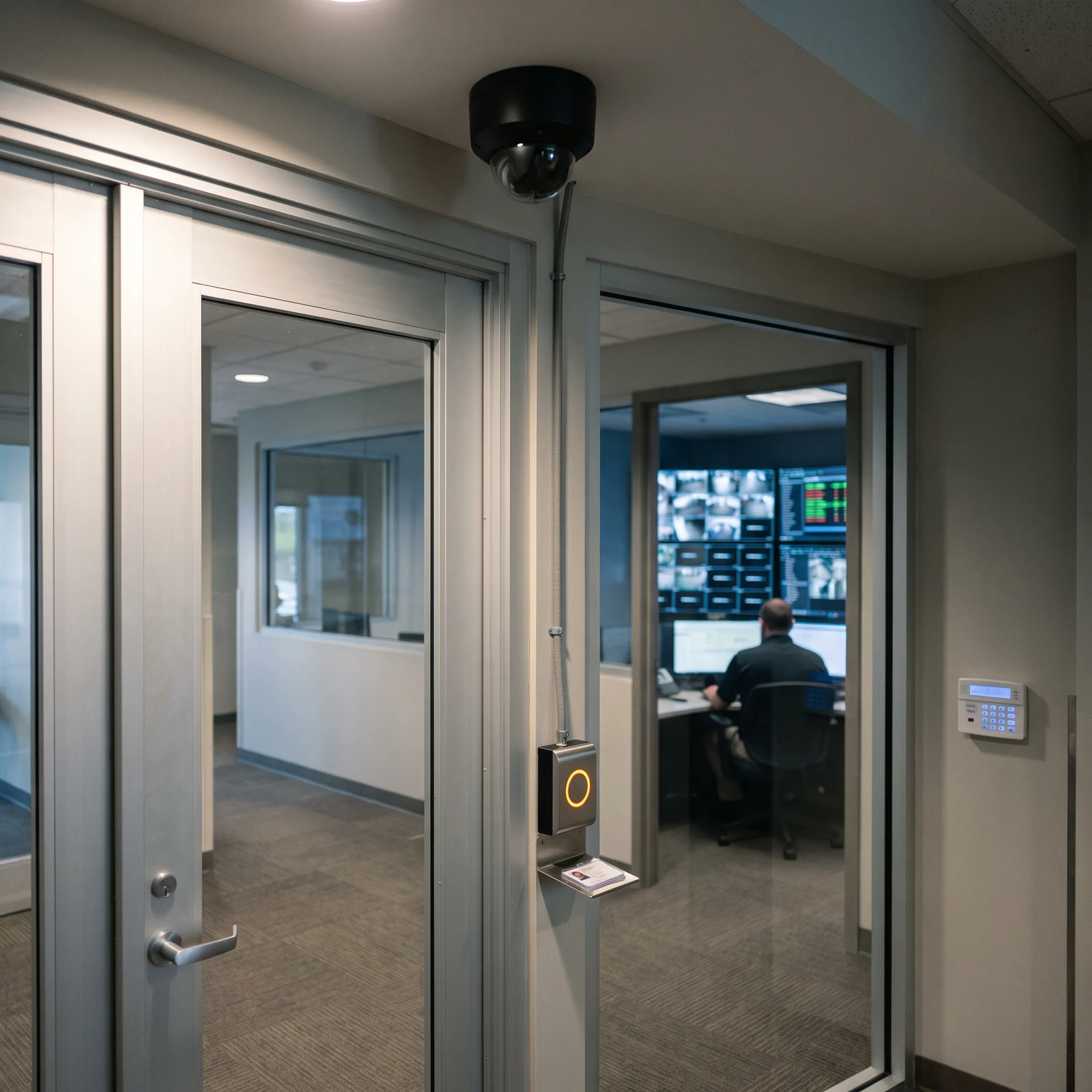 Integrated security system with surveillance cameras, access control, and monitoring dashboard