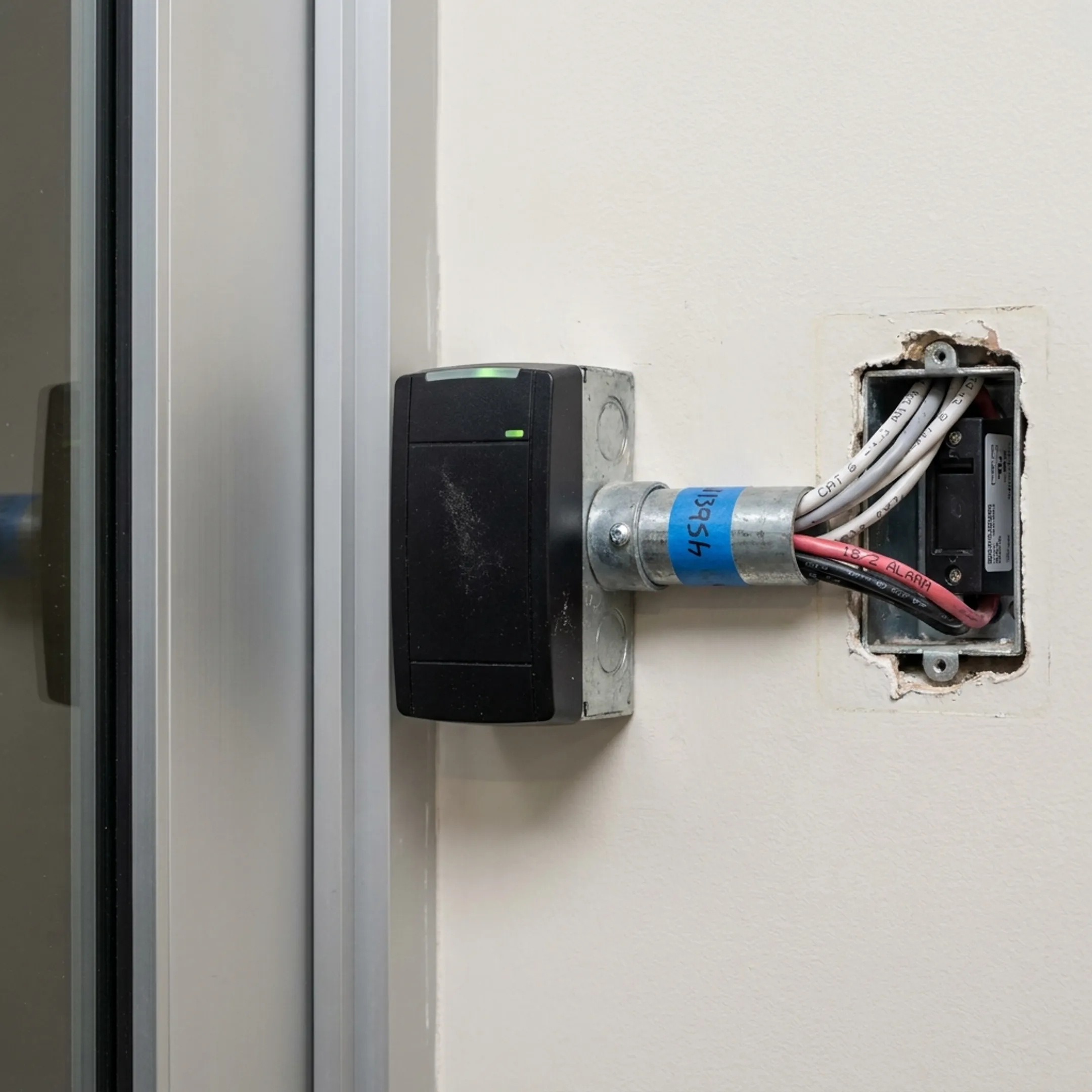 Electronic access control reader installed beside a secure commercial door