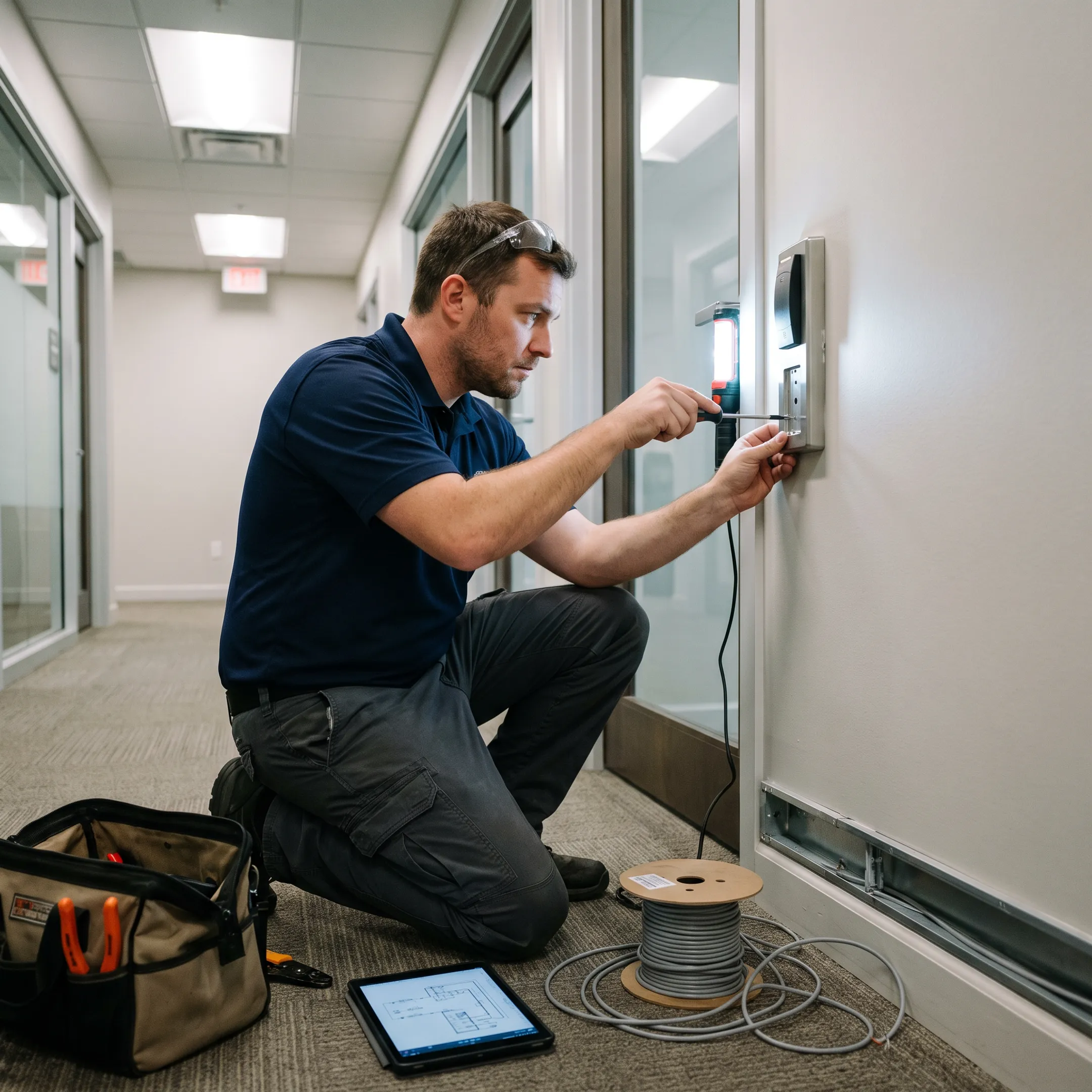 Technician installing an electronic access control system at a commercial facility